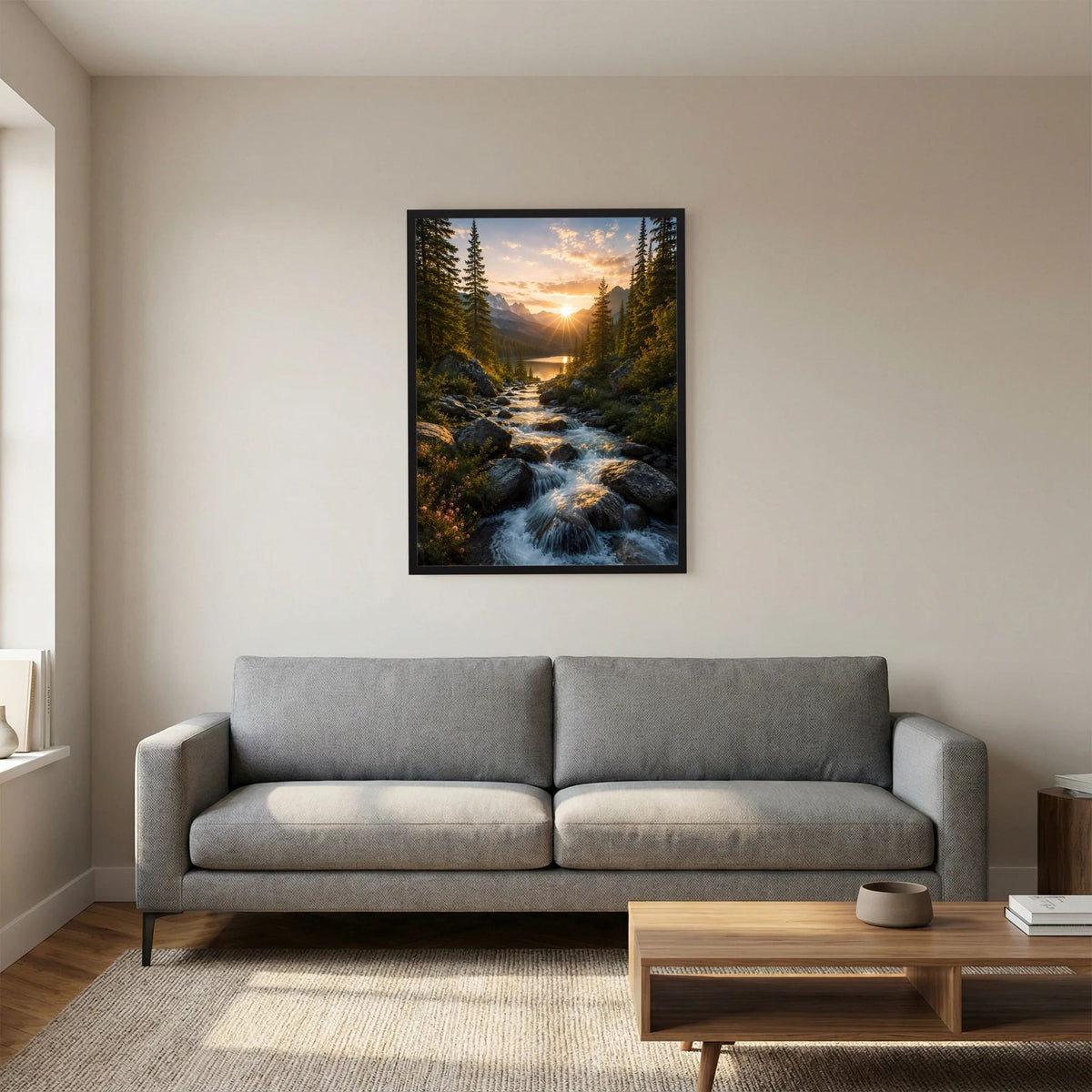 Wandposter im Hochformat mit Sonnenuntergang über Wald und Bach am See, schwarzer Rahmen