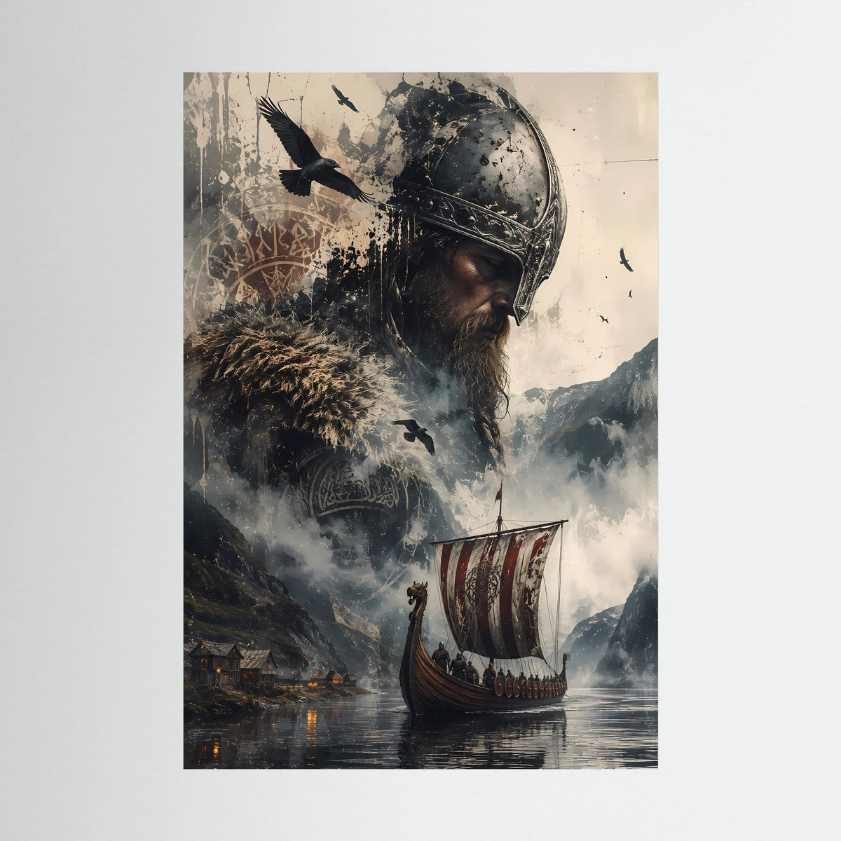 Hochformatiges Poster mit Wikingerhelm, Rabe und Langschiff auf ruhigem Wasser