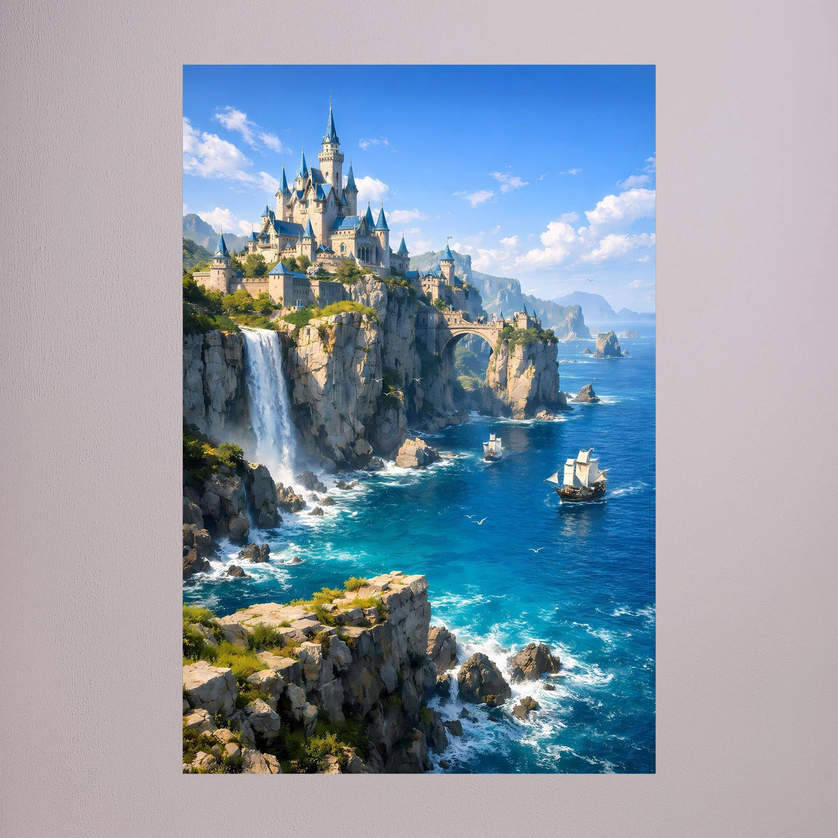 Wandposter im Hochformat mit märchenhaftem Schloss, Wasserfallfelsen und Meerblick