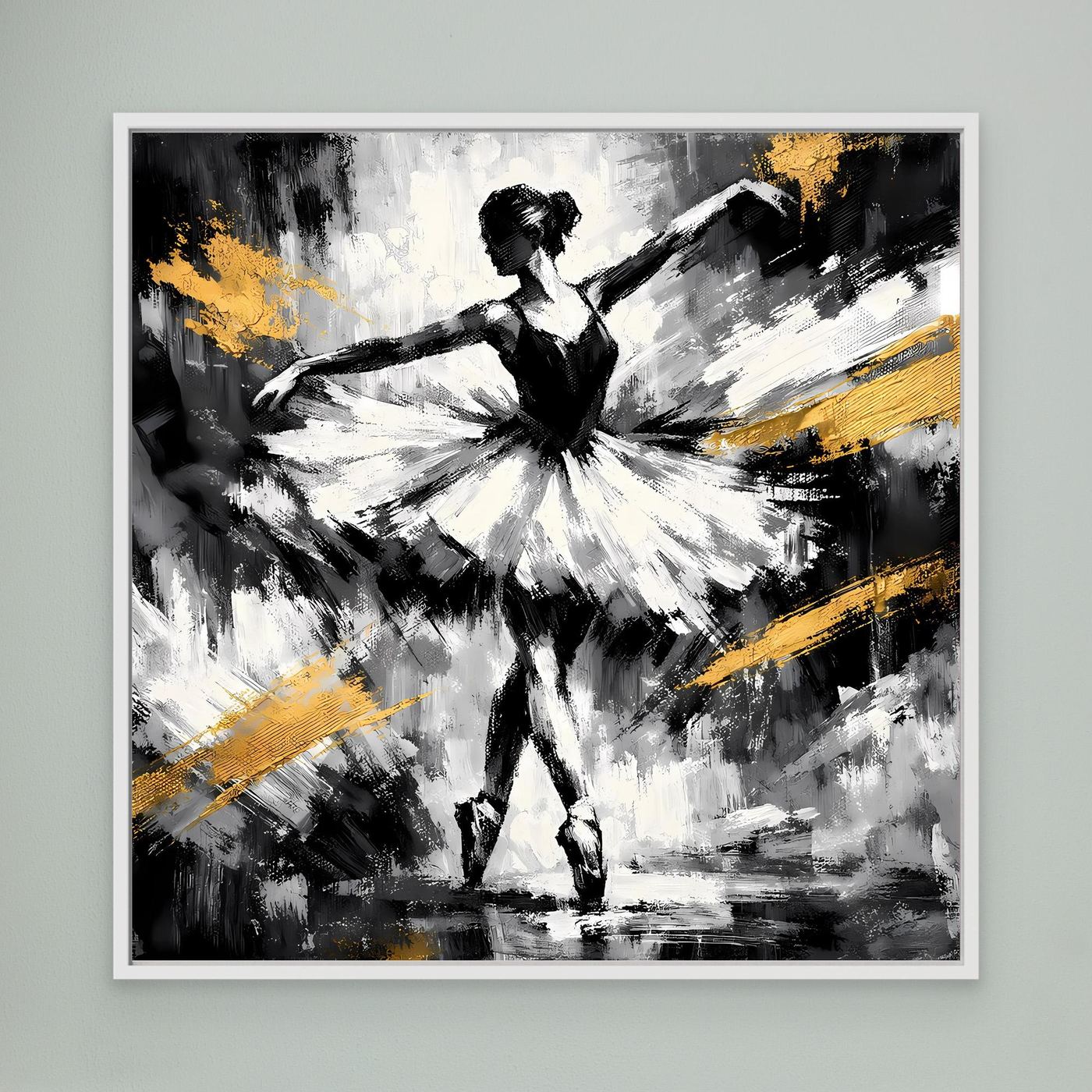 Gerahmtes Leinwandbild mit abstrakter Ballerina in Schwarzweiß und goldenen Farbakzenten