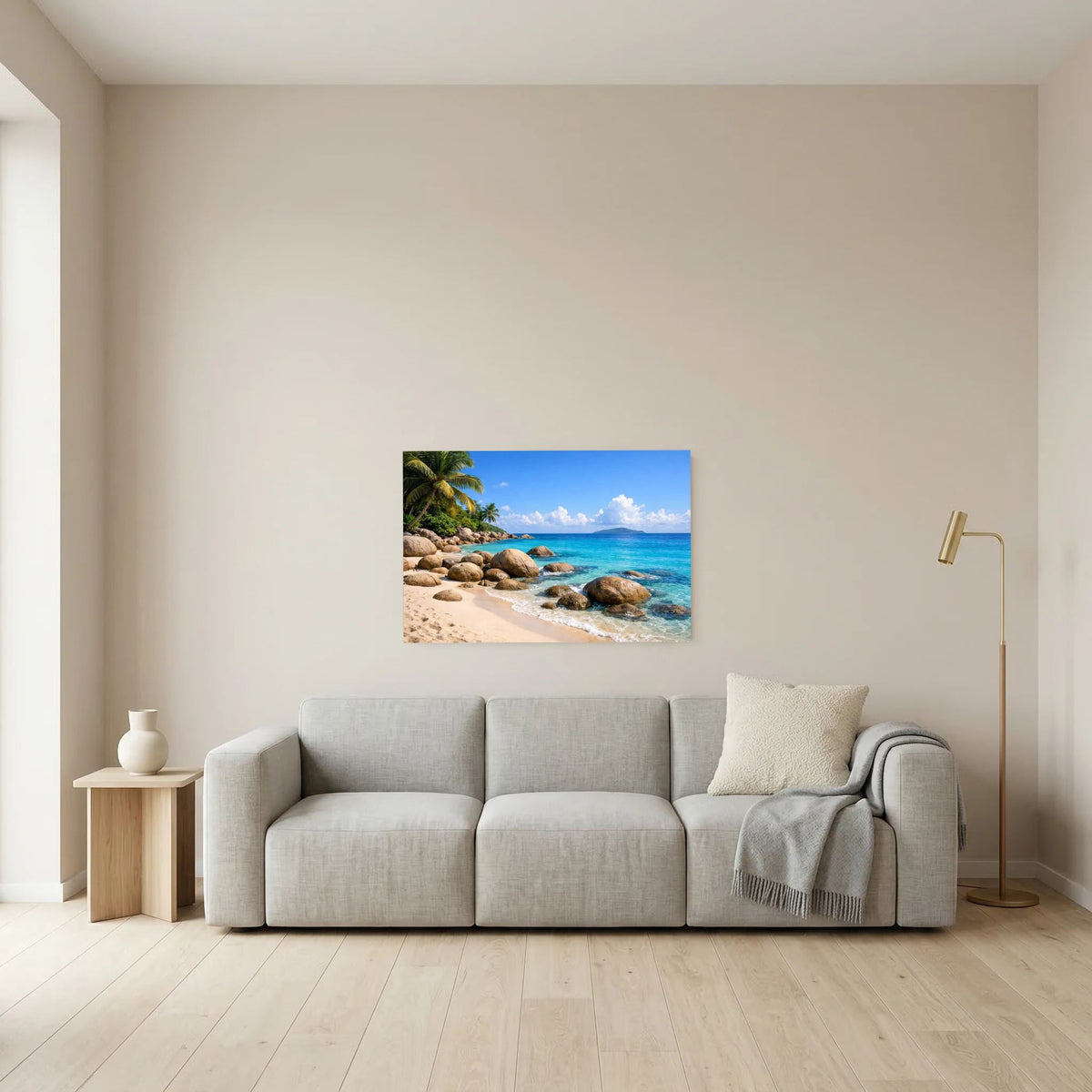 Poster im Querformat mit Strandküste, Granitfelsen und blauem Meer