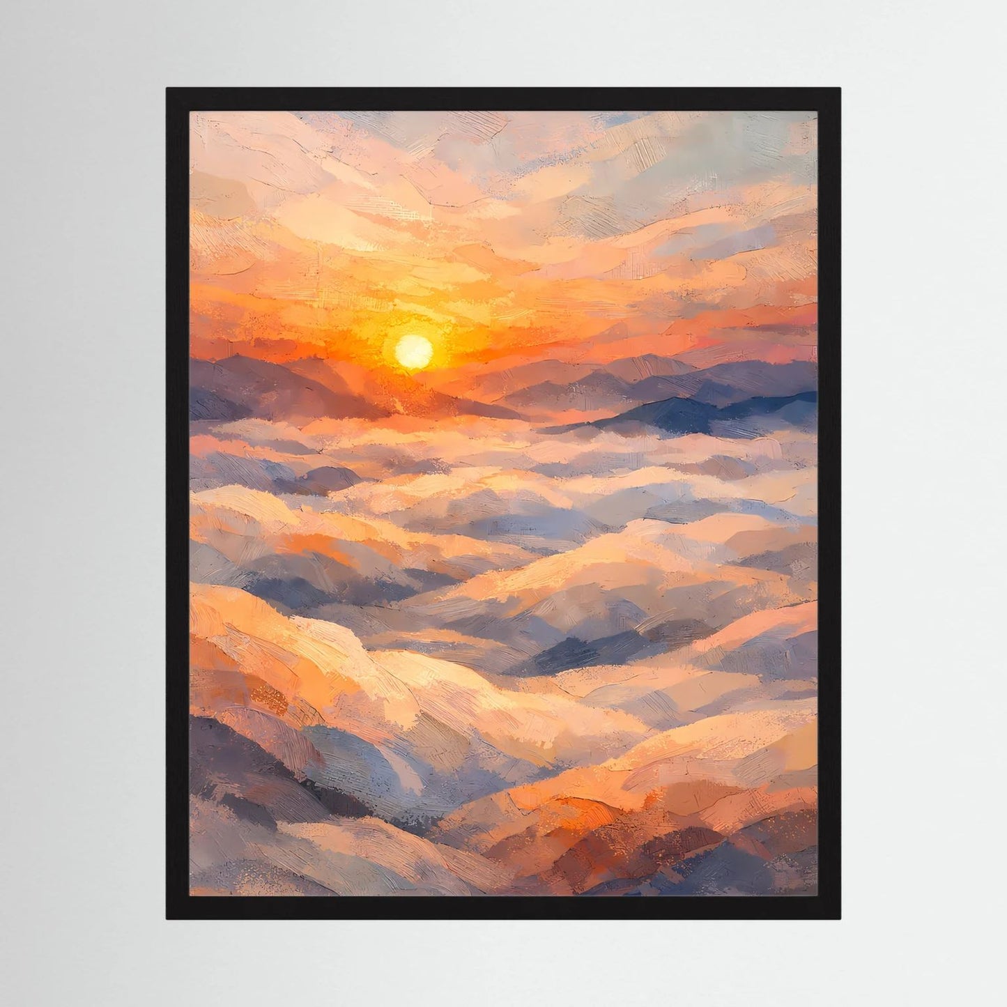 Hochformatiges Landschafts-Poster mit Sonnenuntergang über Wolken, pastellfarben, schwarzer Rahmen