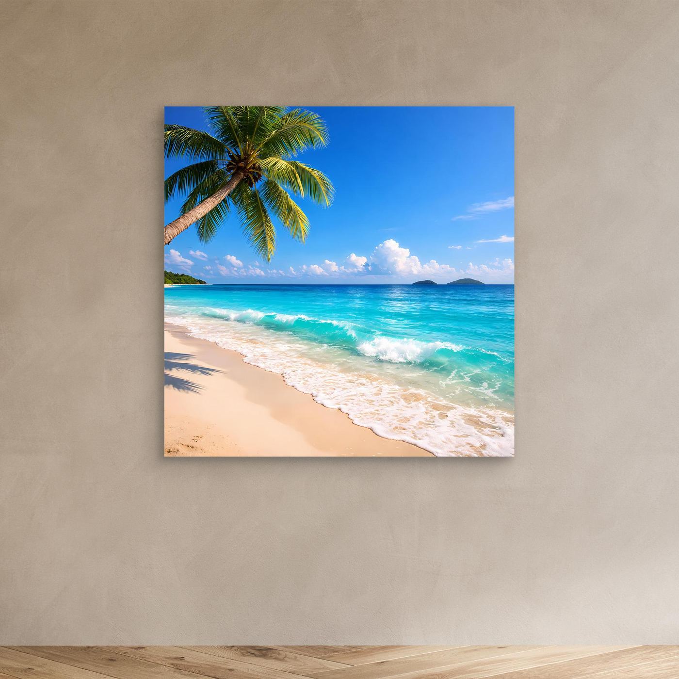 Leinwandbild tropischer Strand mit Palme über dem Sand, türkisfarbenes Wasser