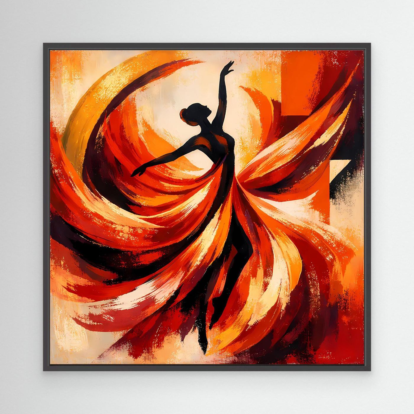 Leinwandbild mit abstrakter Ballerina-Silhouette und feurigen Rot-Orange-Wirbeln im schwarzen Rahmen