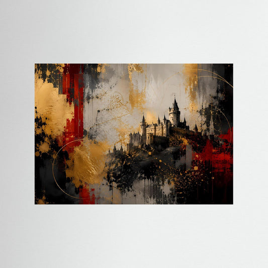 Architekturposter mit abstraktem Schloss, gold-, rot- und schwarzfarbiger Spritzgrafik