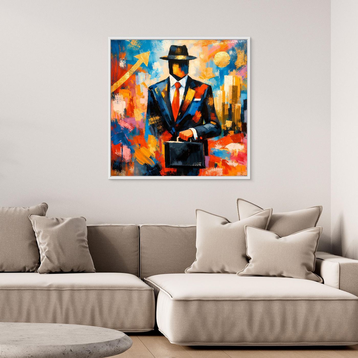 Leinwandbild in Pop-Art-Stil: Geschäftsmann mit Hut hält eine Aktentasche