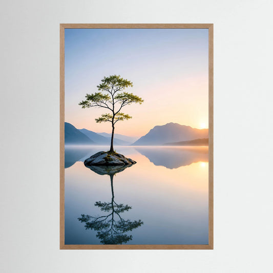 Poster im Hochformat mit Holzrahmen (Eiche) und Baumspiegelung im See