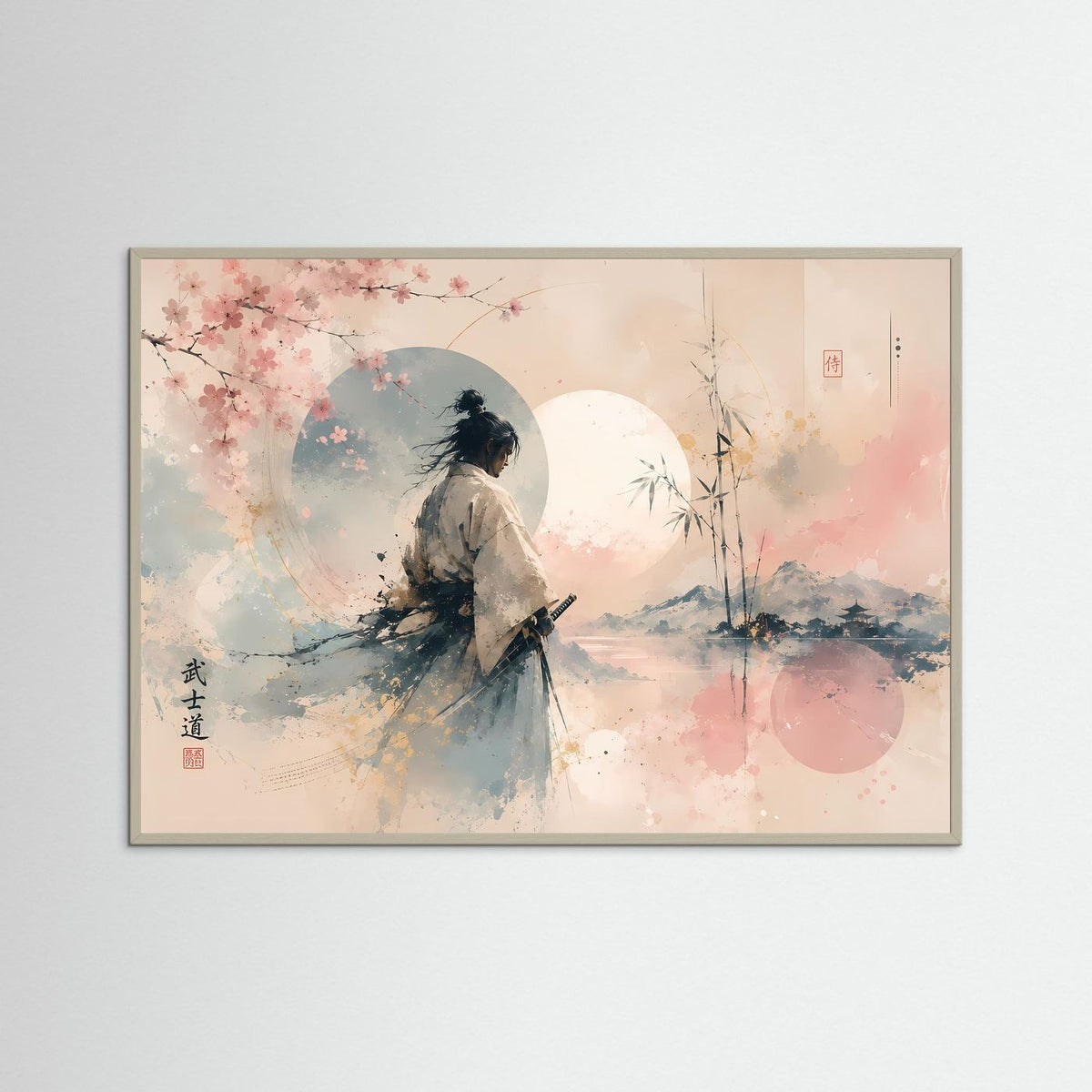 Grau gerahmter Kunstdruck: Samurai in Kirschblüten-Pastell, Mond und Bambus