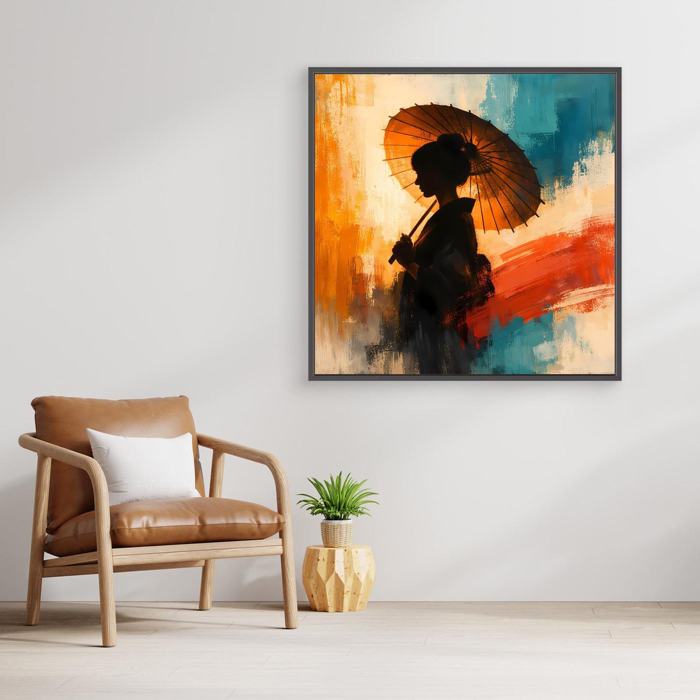 Leinwand Elegante Frau mit Sonnenschirm | Ästhetisches Japanisches Wandbild auf Keilrahmen