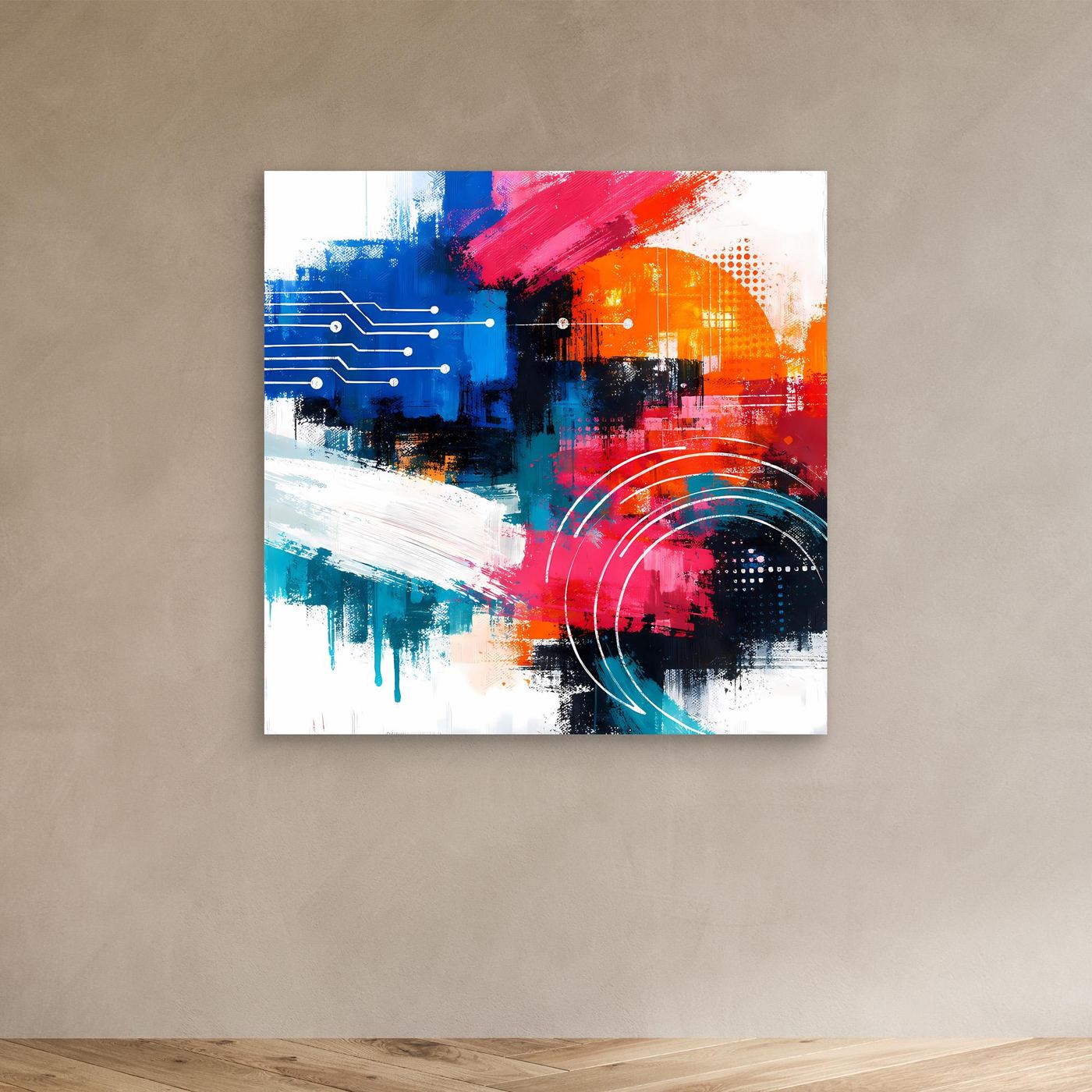 Abstract cyber wall art print with white border, colorful geometric blocks and arcs