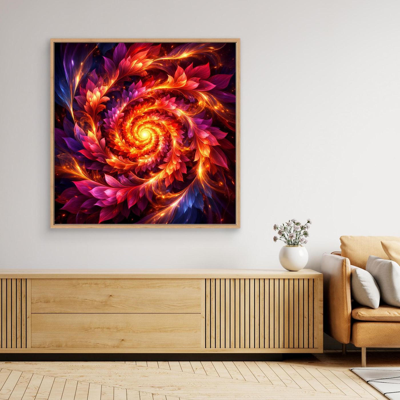 Abstraktes Leinwandbild mit feuriger Spirale, goldbrauner Rahmen