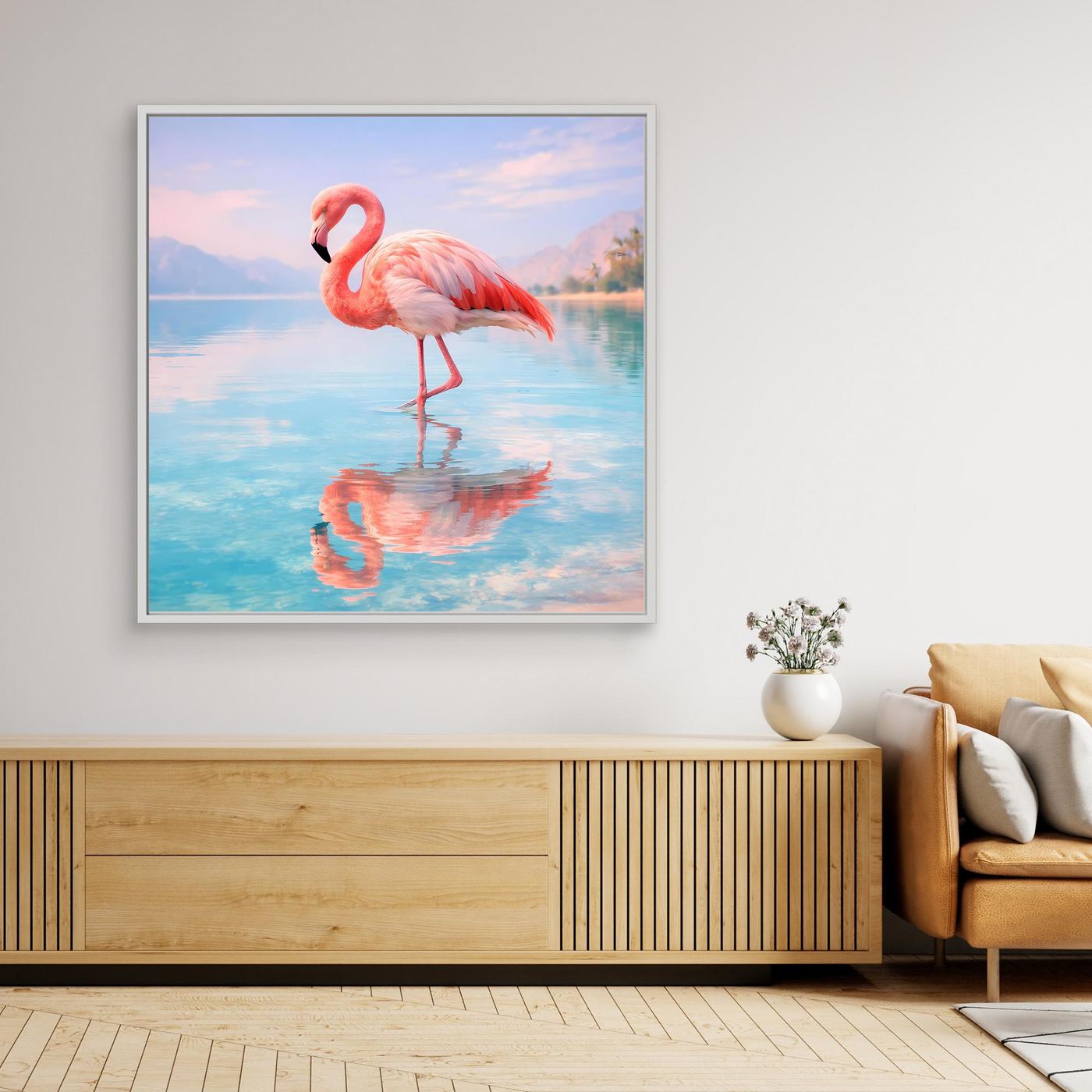 Gerahmtes Leinwand-Wandbild mit Flamingo am See, heller Rahmen