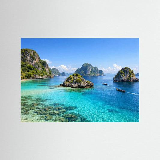 Poster im Querformat mit smaragdgrünem Meer und Felsinseln, blau umrandet