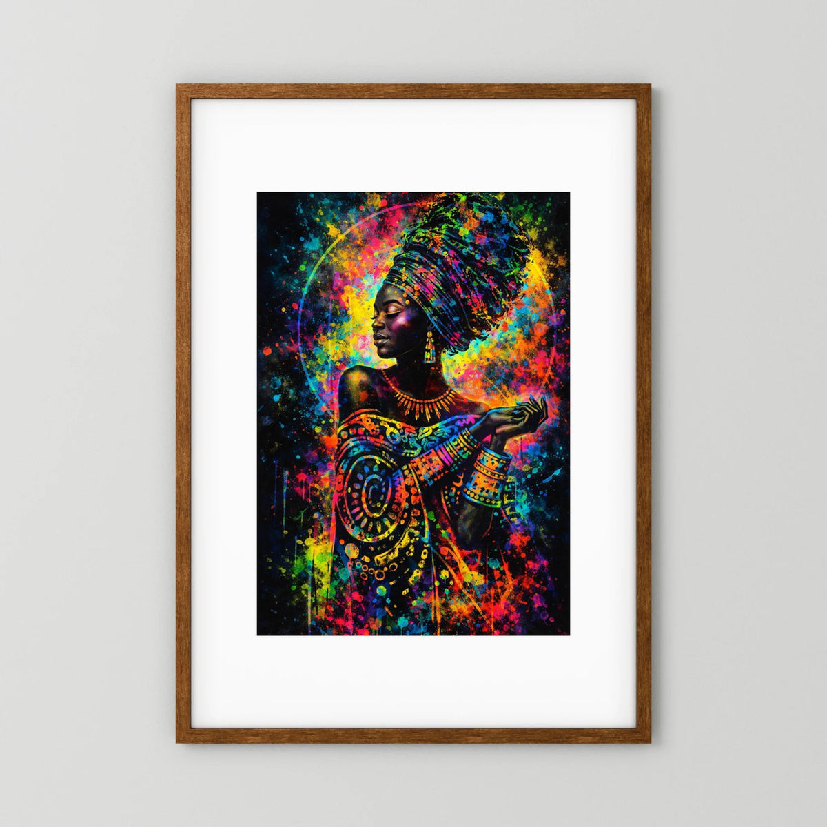 Poster Porträt afrikanische Frau, buntes Farbspritzdesign, dunkler Holzrahmen
