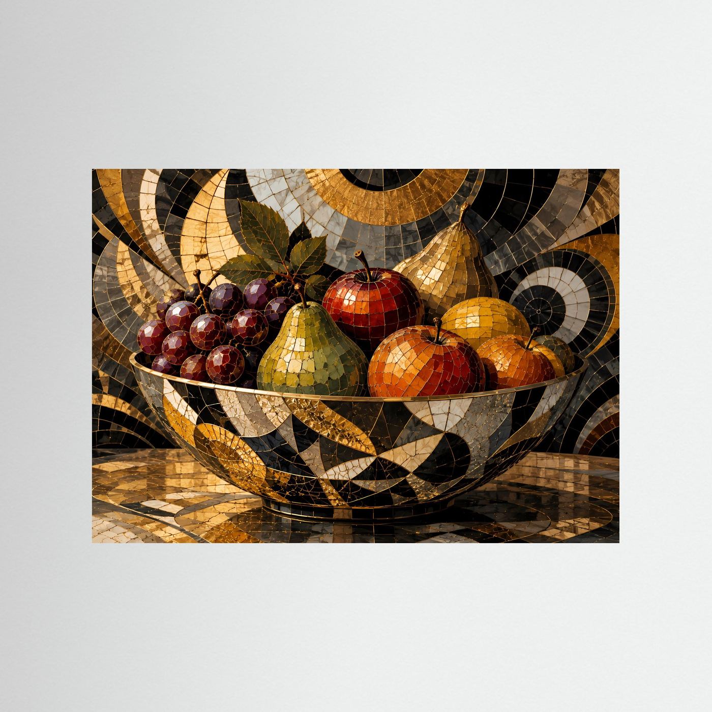 Mosaik-Obststillleben mit Obstschale, Trauben, Äpfeln und Birnen in Gold/Schwarz