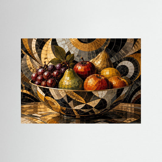 Mosaik-Obststillleben mit Obstschale, Trauben, Äpfeln und Birnen in Gold/Schwarz