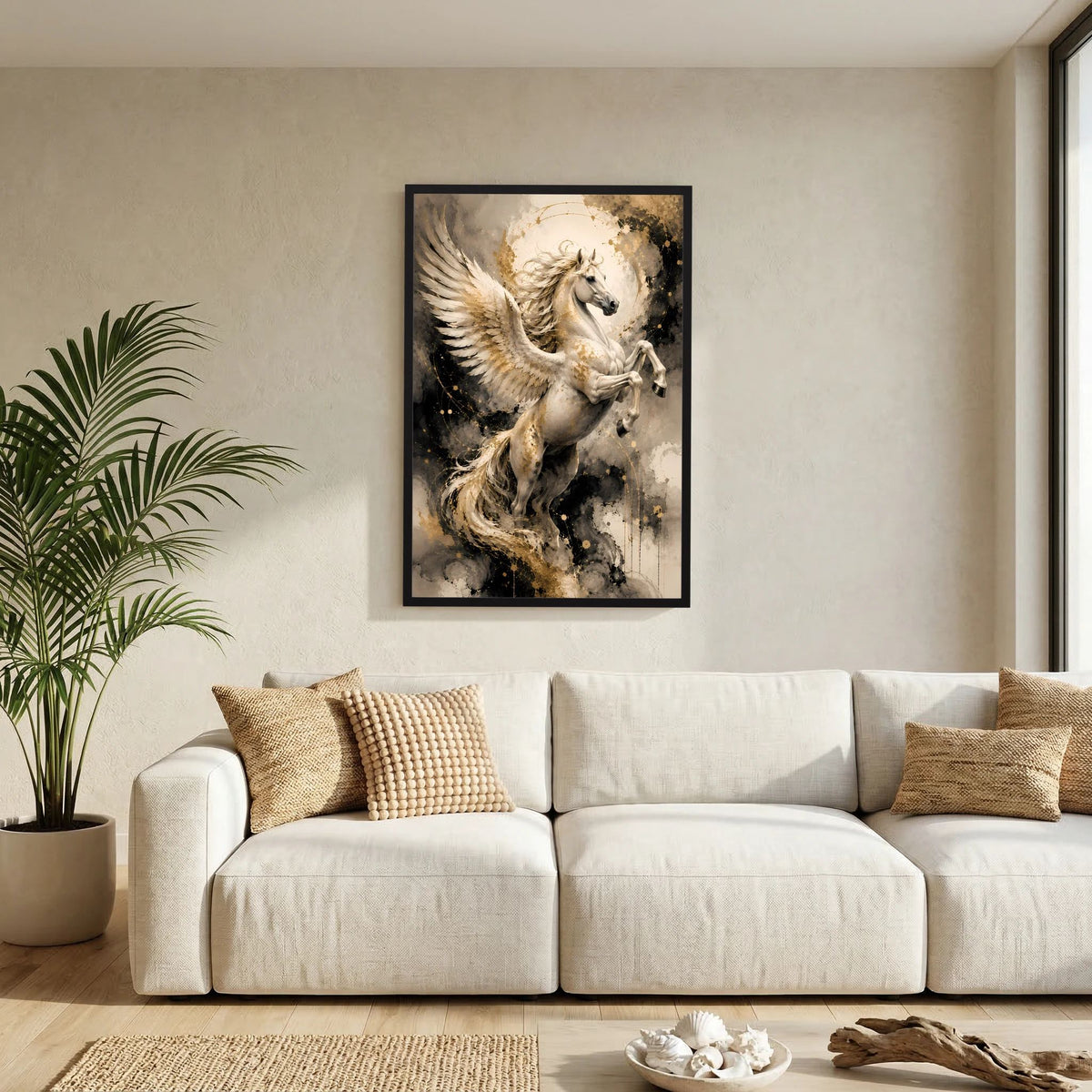 Poster im schwarzen Rahmen: abstraktes geflügeltes Pferd mit goldenen Akzenten, Hochformat