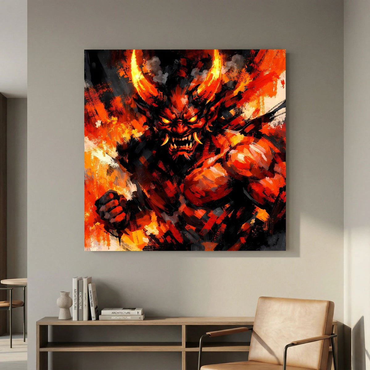 Leinwand-Wandbild mit Oni-Dämon in Feuer, orange Rauchwolken, dunkle Hörner und kräftige Arme
