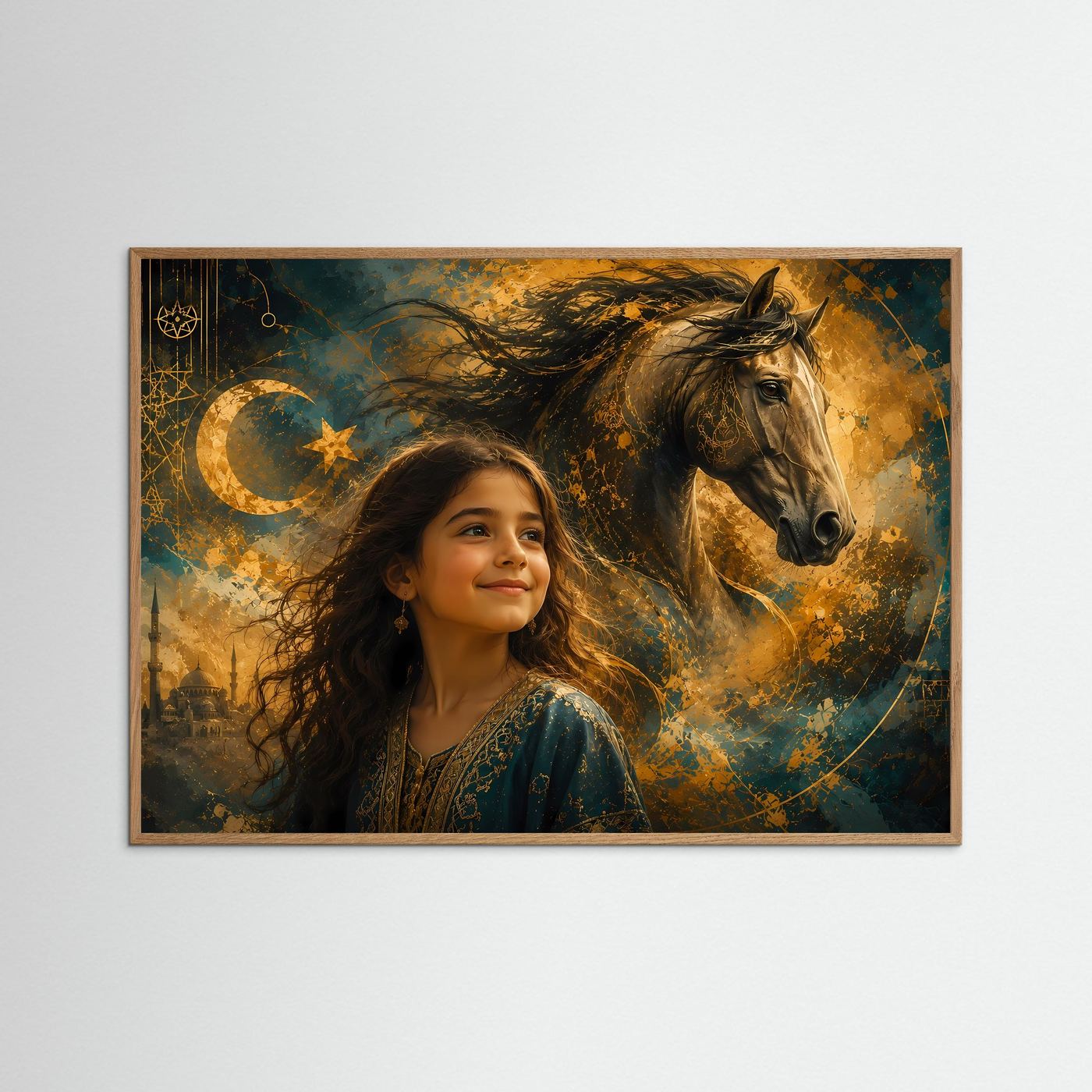 Türkisches Mädchen mit Pferd | Mystische Wandkunst in Gold & Petrol