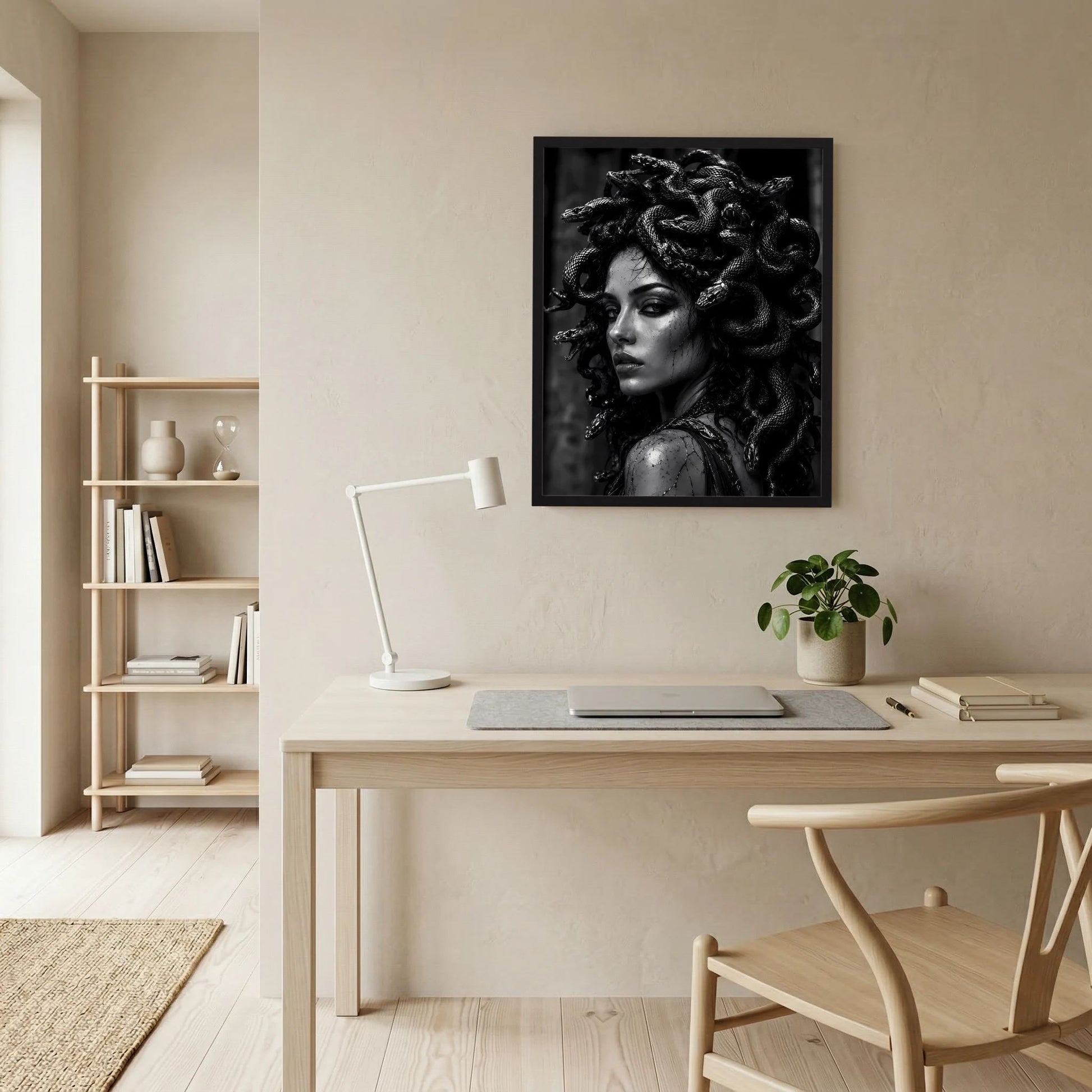 Schwarzweiß-Kunstposter mit Frauenprofil und gewundenem Schlangenhaar im schwarzen Rahmen