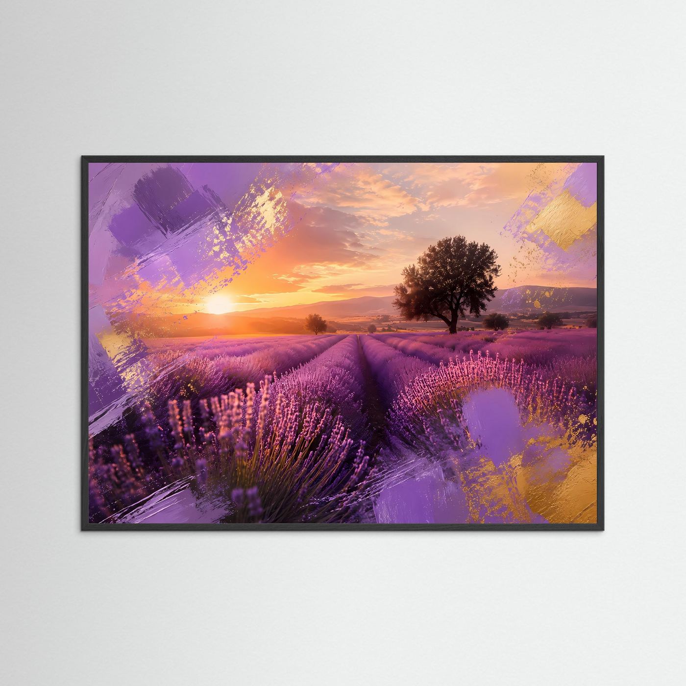 Lavendelfeld Poster Querformat | Provence Sonnenuntergang Wandbild in Violett & Gold | Moderne Landschaftskunst