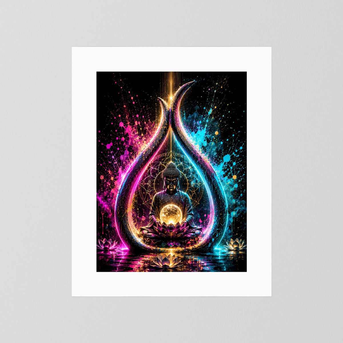 Poster ohne Holzrahmen, mit weißem Rand: Buddha auf Lotus, leuchtende Energiekugel im Neon-Drop