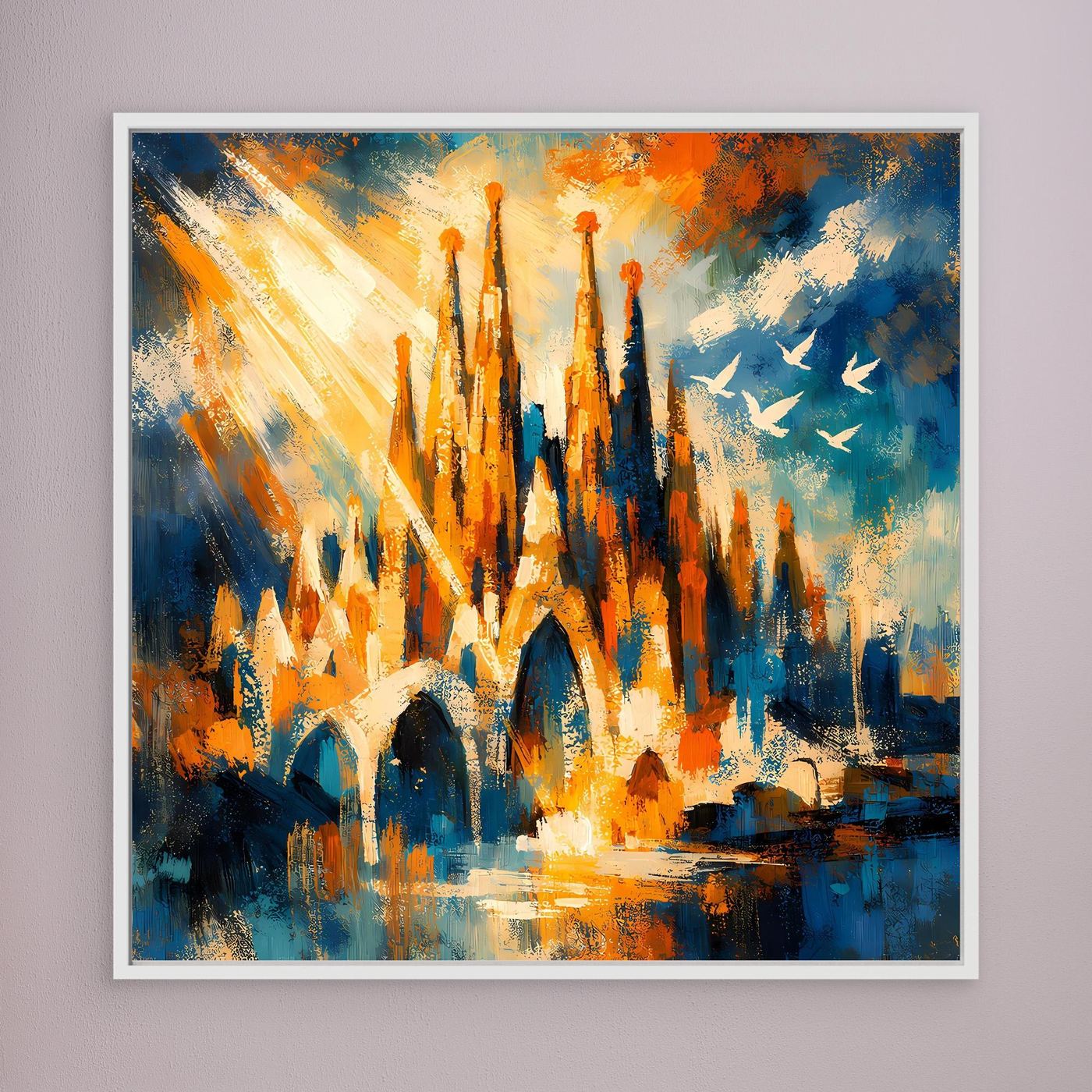 Abstraktes Leinwandbild mit Sagrada-Familia-Türmen, weißer Rahmen