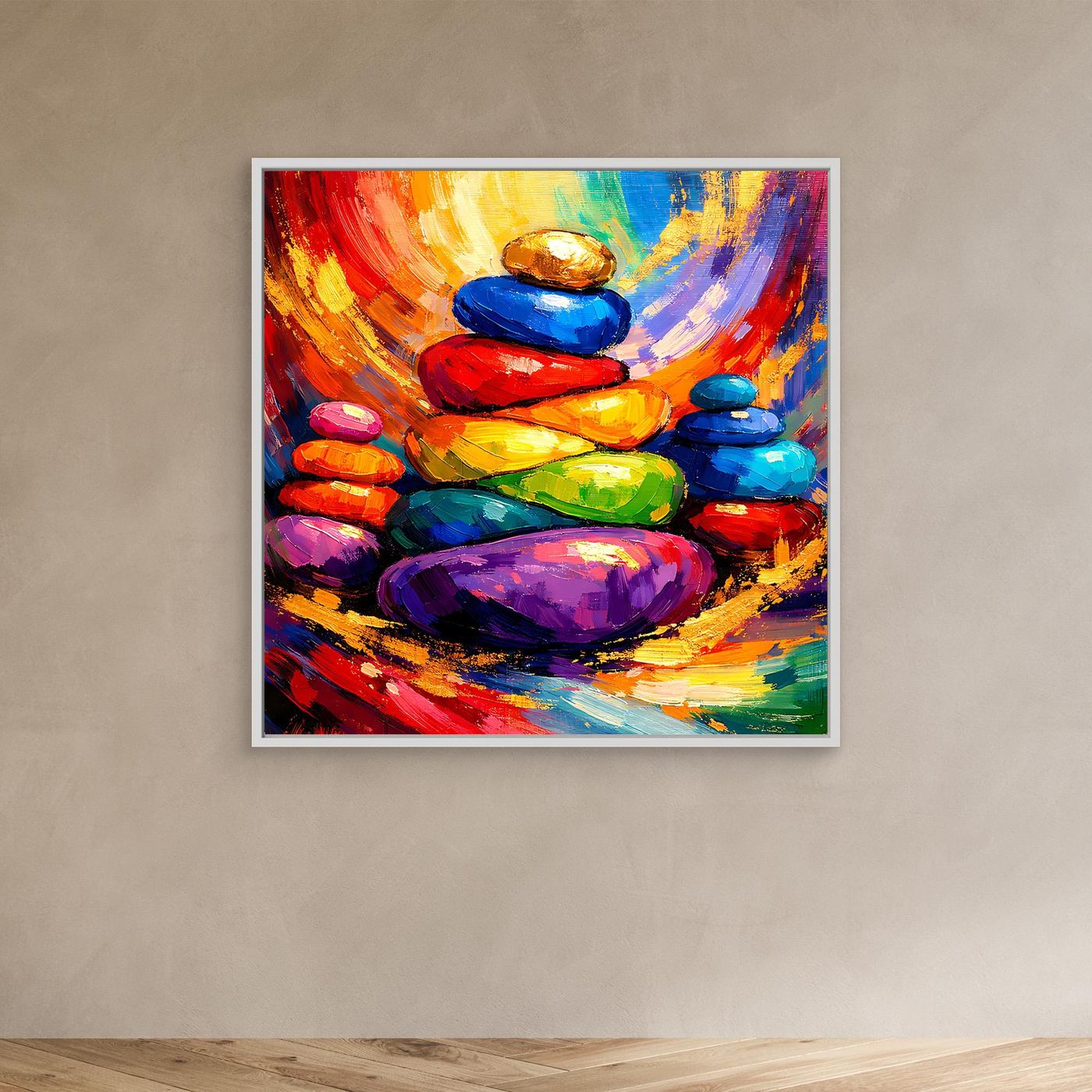 Abstraktes Leinwandbild mit Zen-Steinen, bunte Steine, weißer Rahmen.