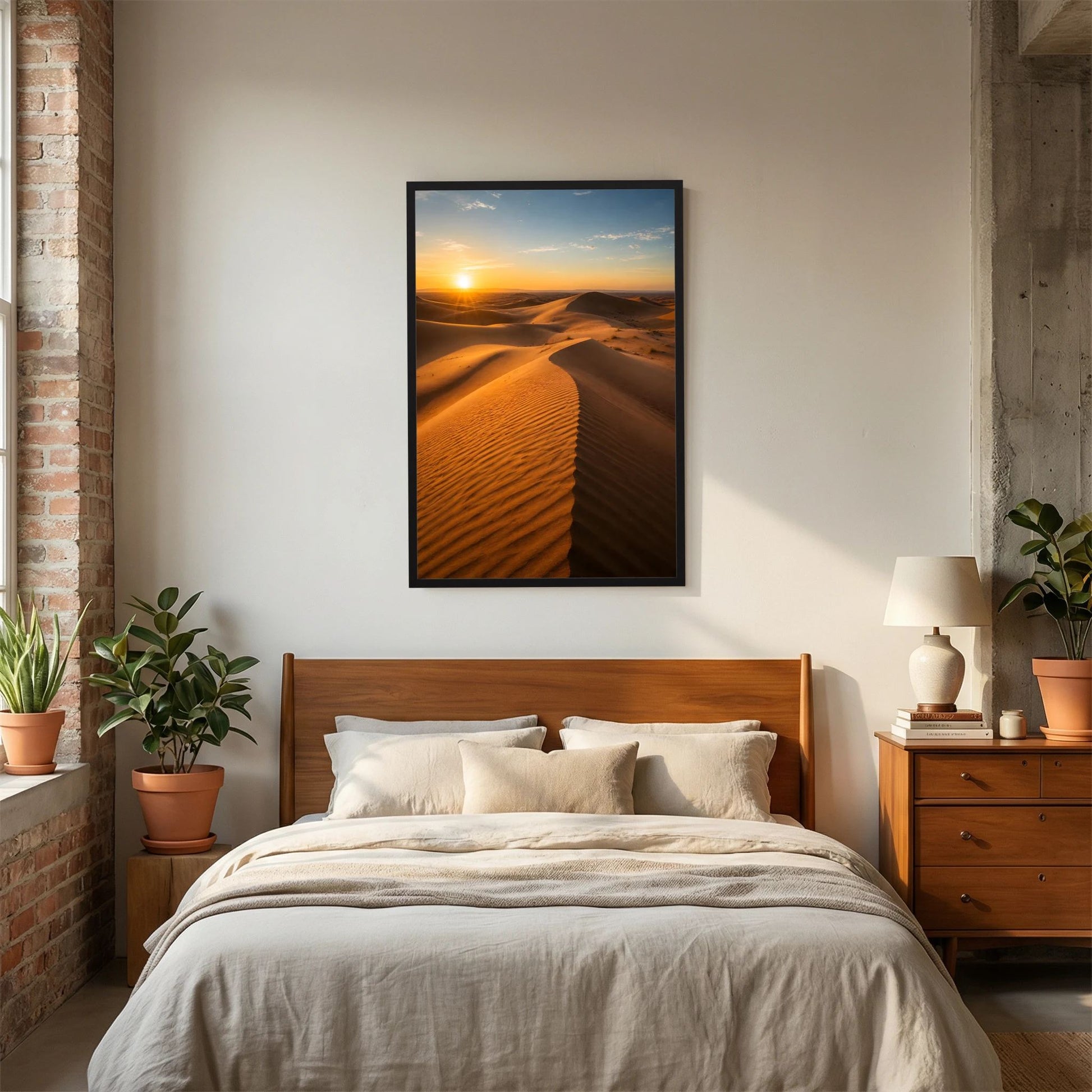 Landschaftsposter im Hochformat mit Dünen und Sonnenuntergang, schwarzer Rahmen