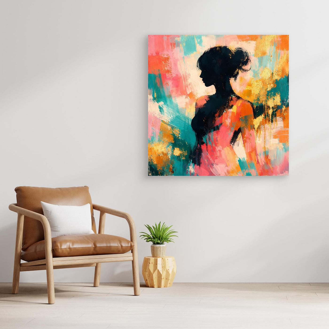 Leinwandbild mit abstrakter Frauensilhouette, pastellfarbener Farbfläche, ohne sichtbaren Rahmen