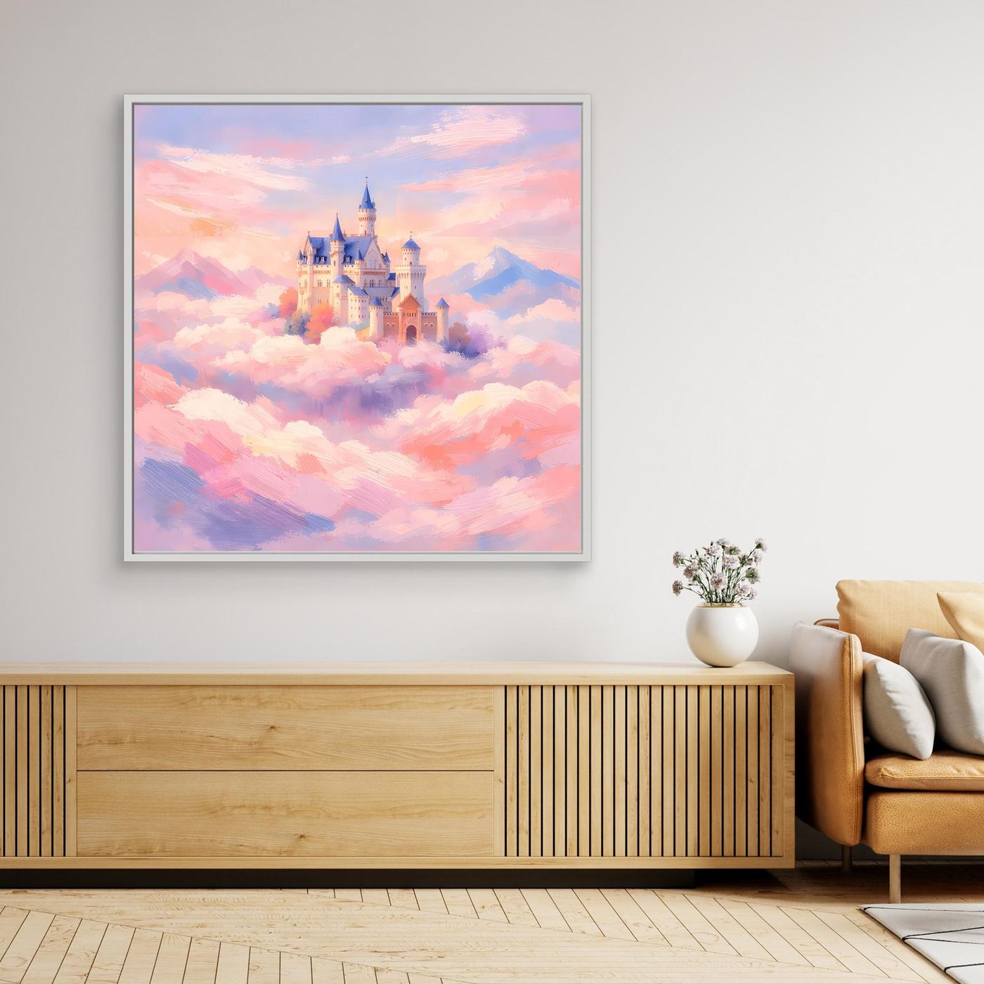 Leinwand Schloss Neuschwanstein über Wolken | Märchenhafte Pastelltöne Wandbild