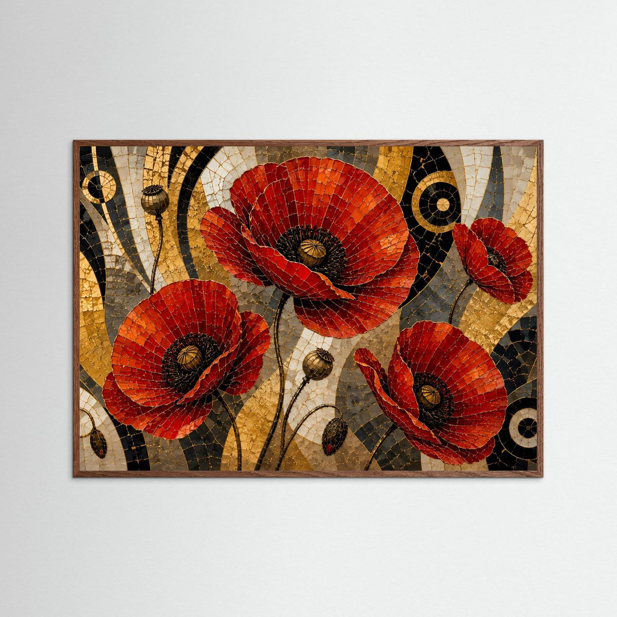 Querformat-Poster mit Mohnblumen-Mosaik in Rot, Schwarz und Gold, dunkler Eichenrahmen