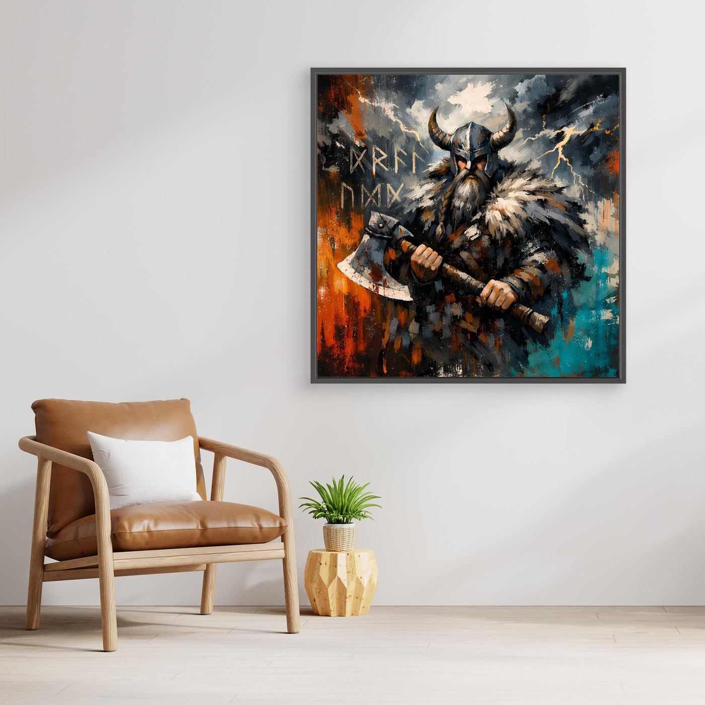 Abstraktes Wandbild mit Wikingerkrieger und Streitaxt, schwarzer Rahmen