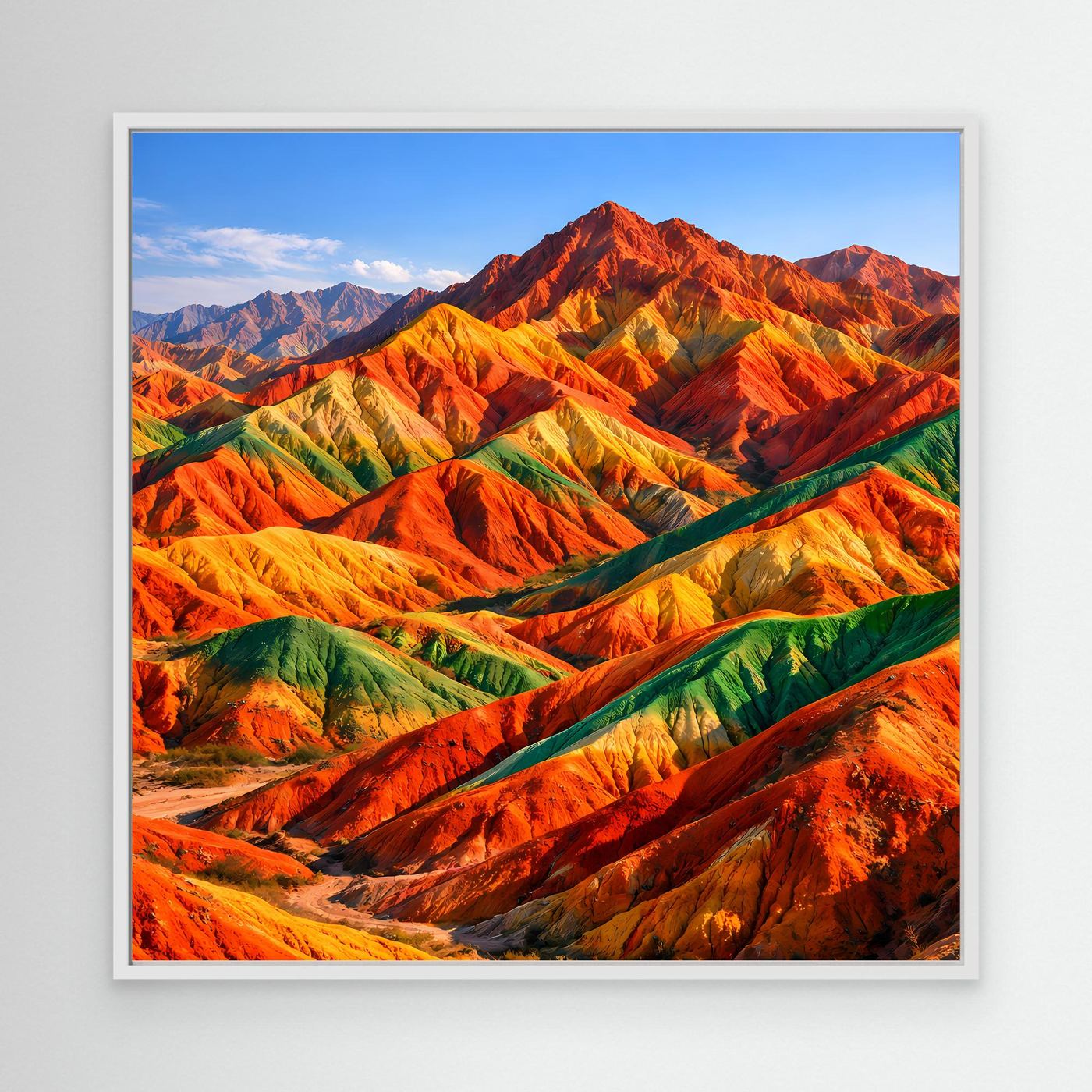 Leinwandbild Regenbogenberge mit weißem Rahmen, farbige Berglandschaft mit Pfad