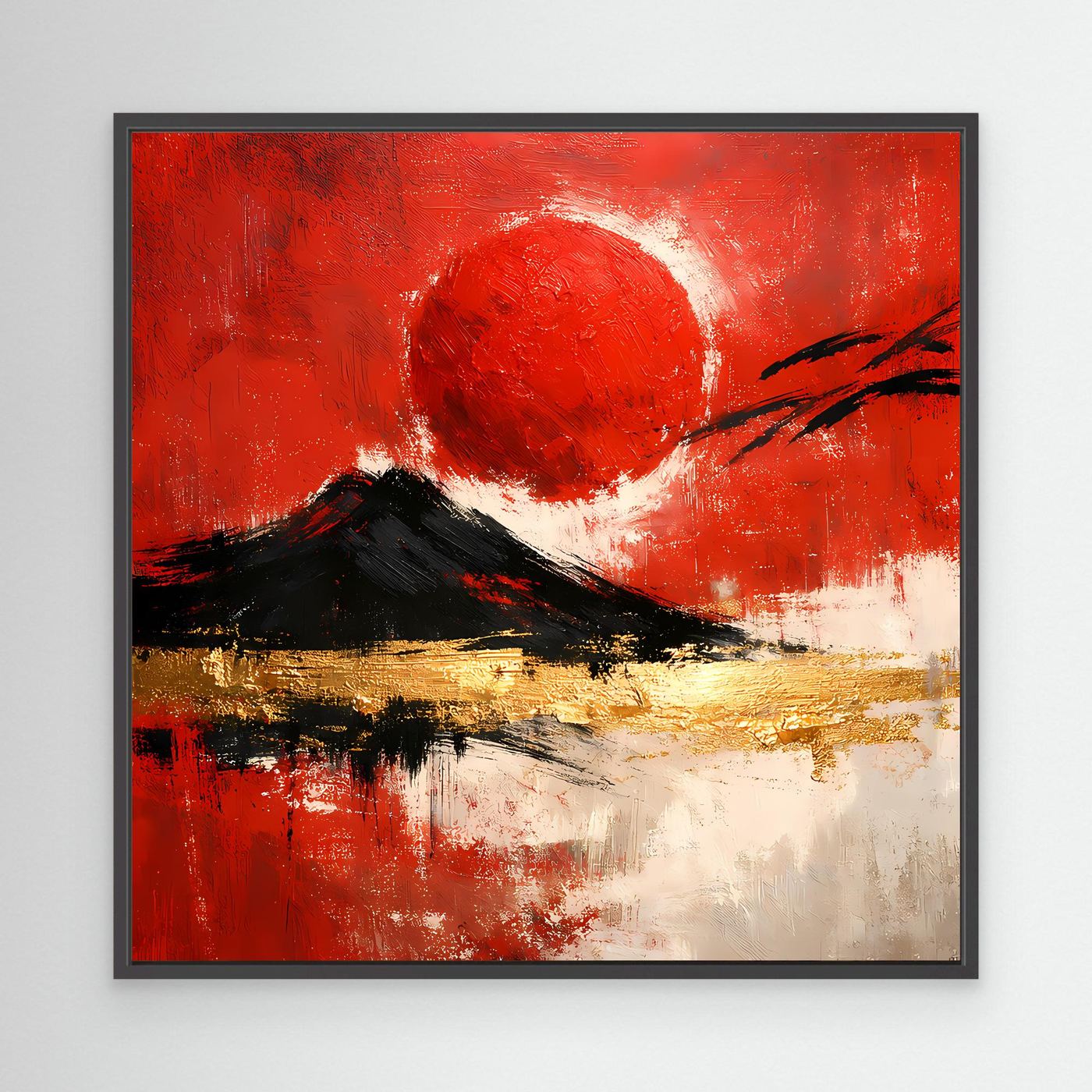 Leinwand Abstraktes Japan Wandbild in Rot und Gold | Modernes Fuji & Rote Sonne Gemälde