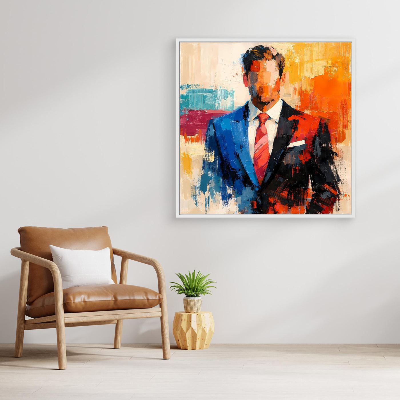 Abstract business portrait wall art in a white frame; blue suit, orange highlights, red tie.