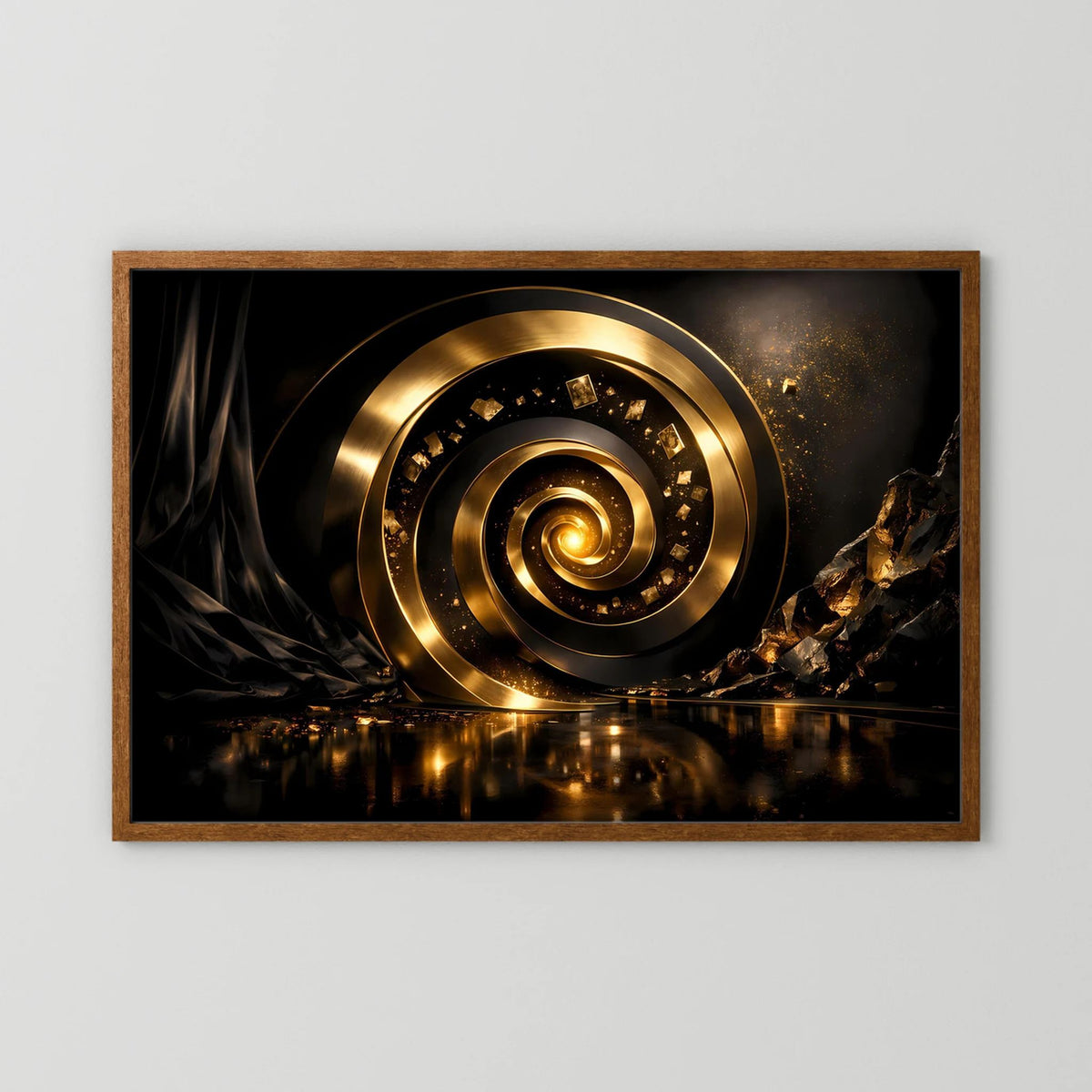 Wandbild im Querformat mit goldener 3D-Spirale, dunklem Holzrahmen und schwarzer Bildfläche