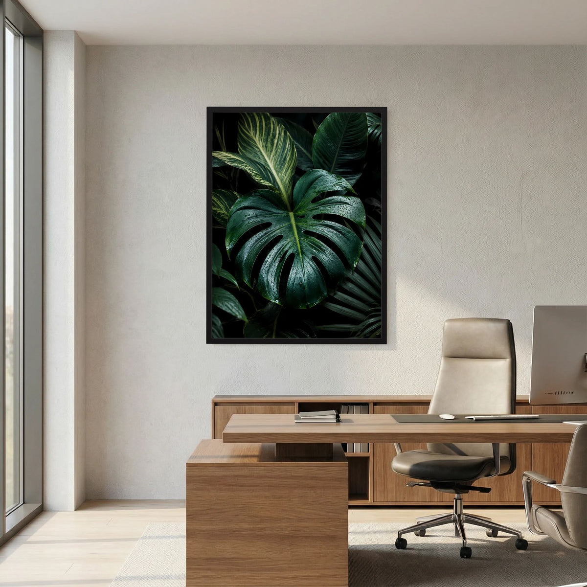 Gerahmtes Poster mit Monstera-Blättern in dunkelgrün, schwarzer Rahmen.
