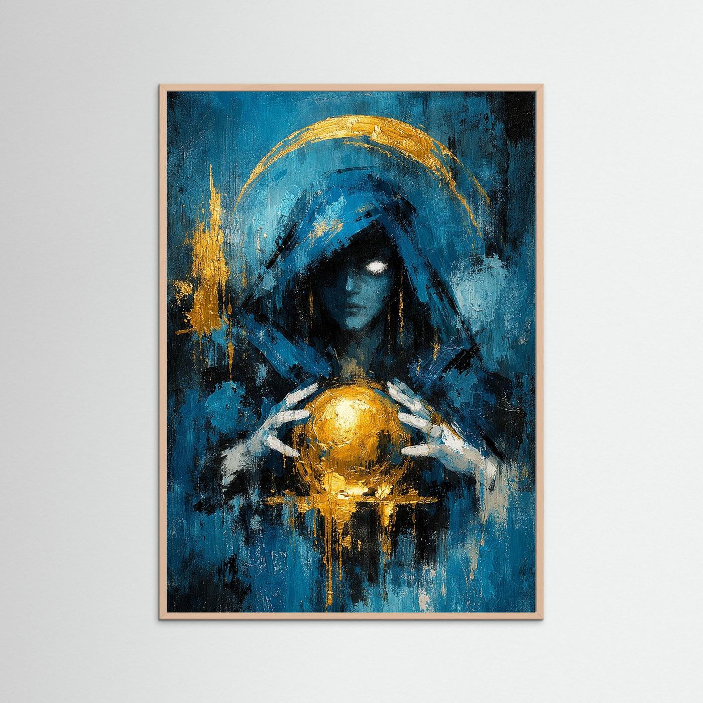 Mystisches Fantasy-Poster im goldbraunen Holzrahmen: blaue Figur mit goldenem Kelch