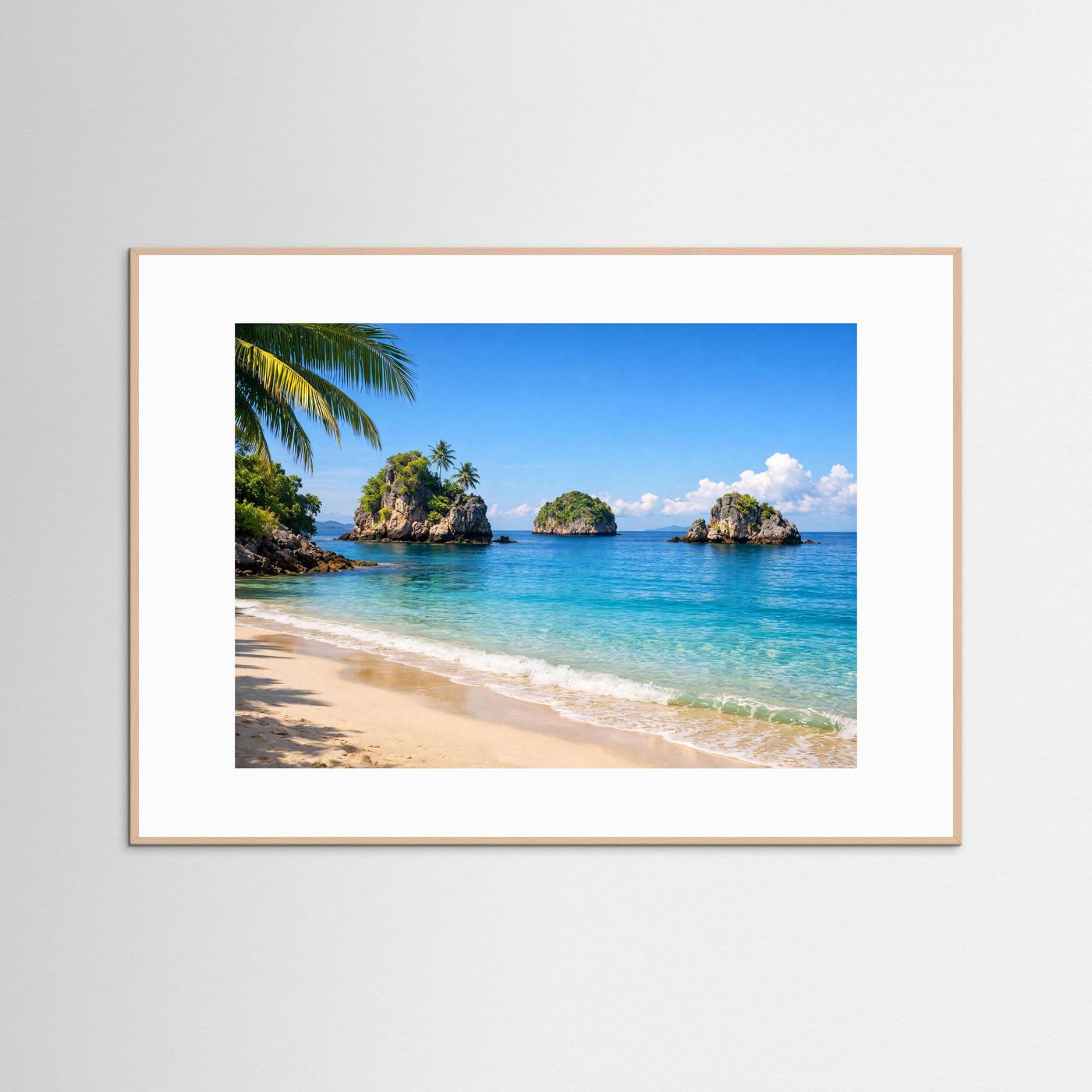 Panorama-Poster mit rosafarbenem Holzrahmen, Sandstrand mit türkisfarbenem Meer und Inseln