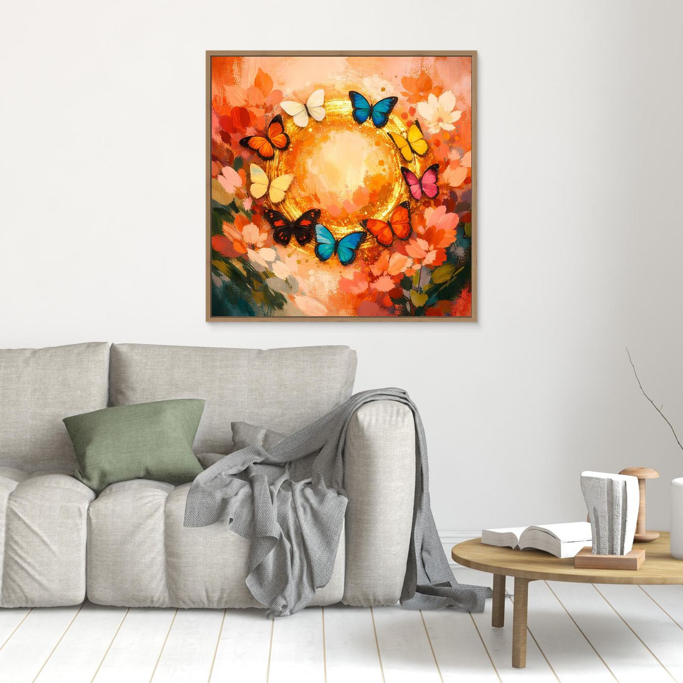Leinwandbild mit Schmetterlingskreis: bunte Schmetterlinge um goldenen Mittelkreis, orange Blumen, brauner Rahmen