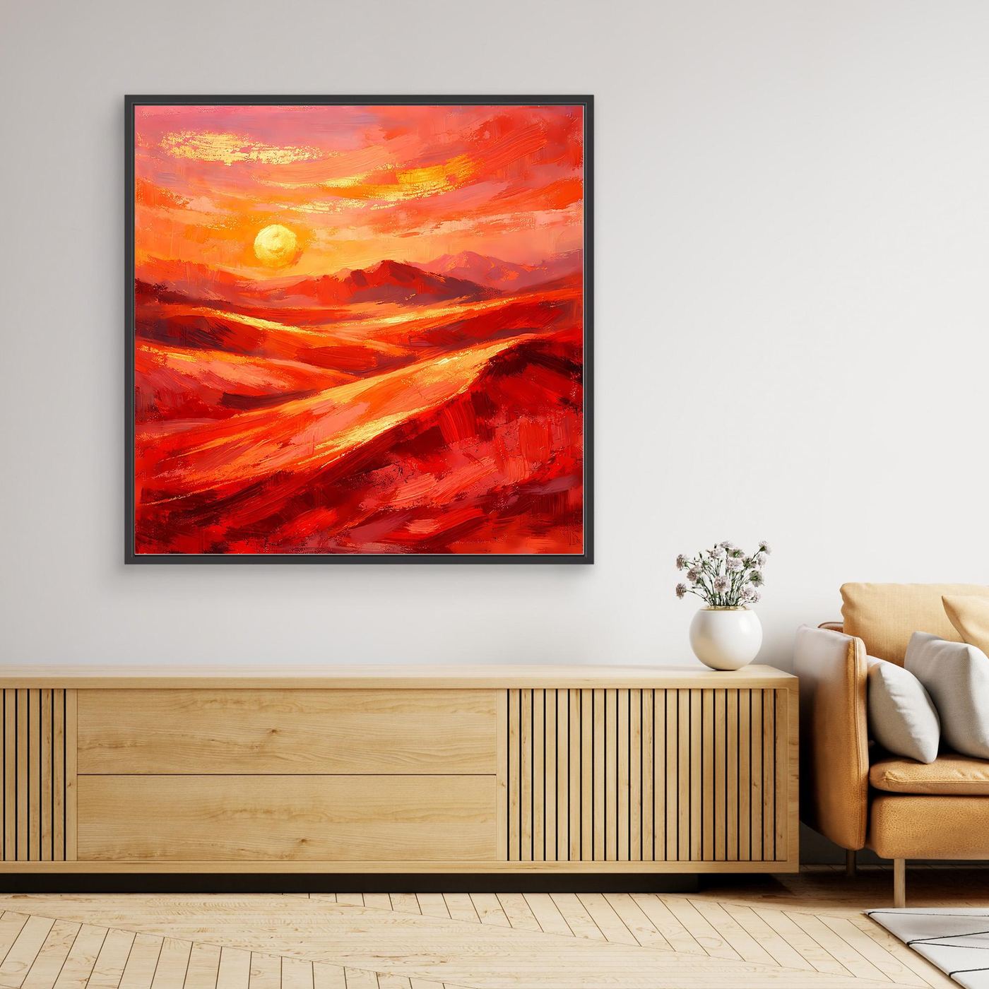 Leinwandbild mit abstrakter roter Landschaft, orangefarbener Himmel, schwarzer Rahmen