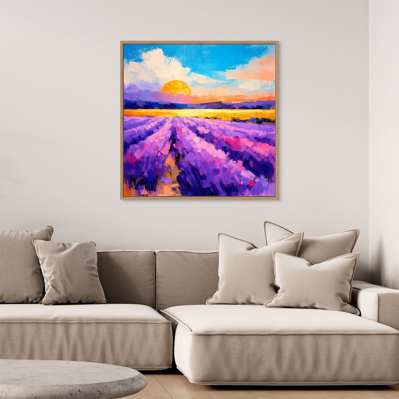 Abstraktes Leinwand-Wandbild mit Lavendelfeld und Sonnenuntergang, mit hellem Holzrahmen