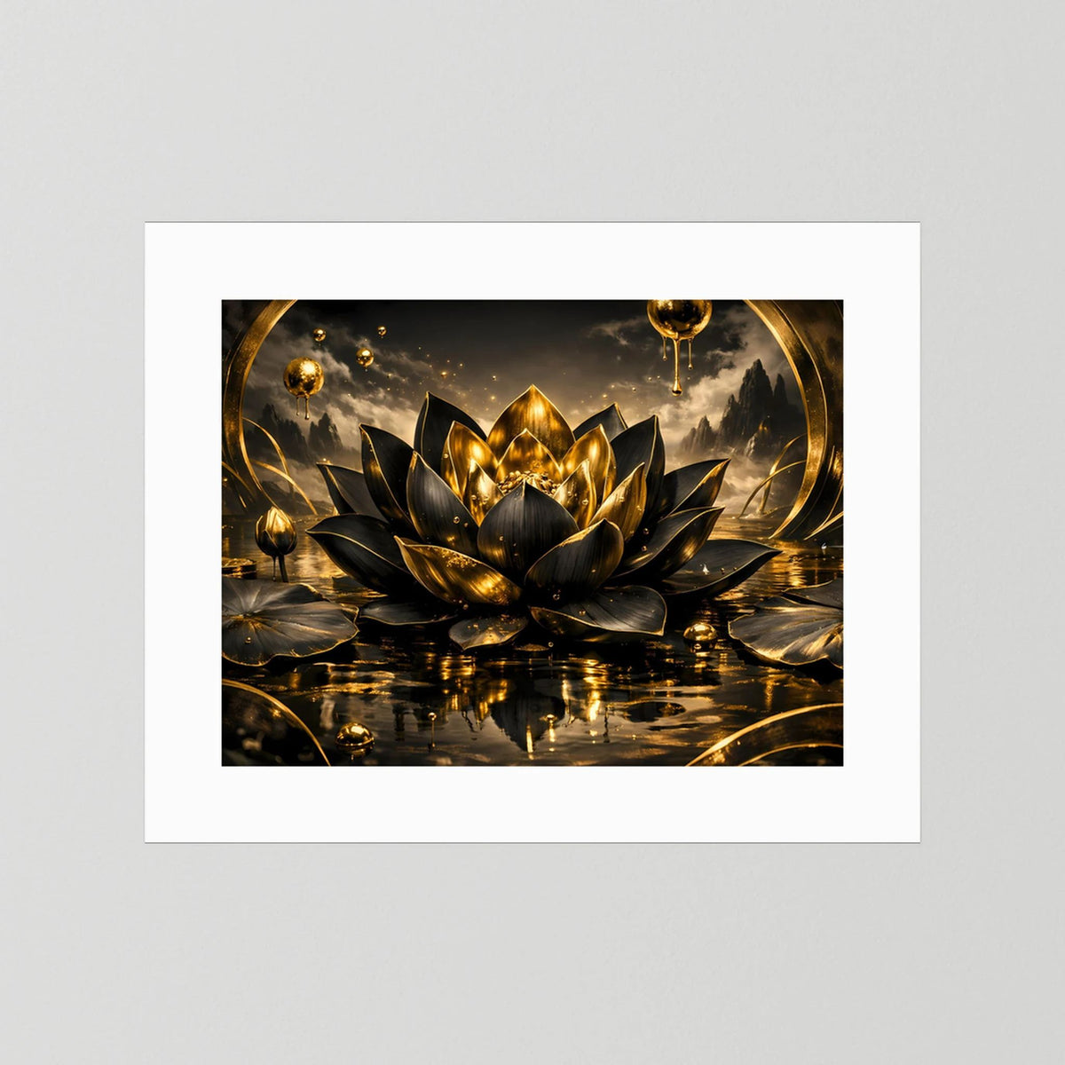 Wandbild mit weißem Passepartout: gold-schwarze Lotusblüte, goldene Ringe, Querformat