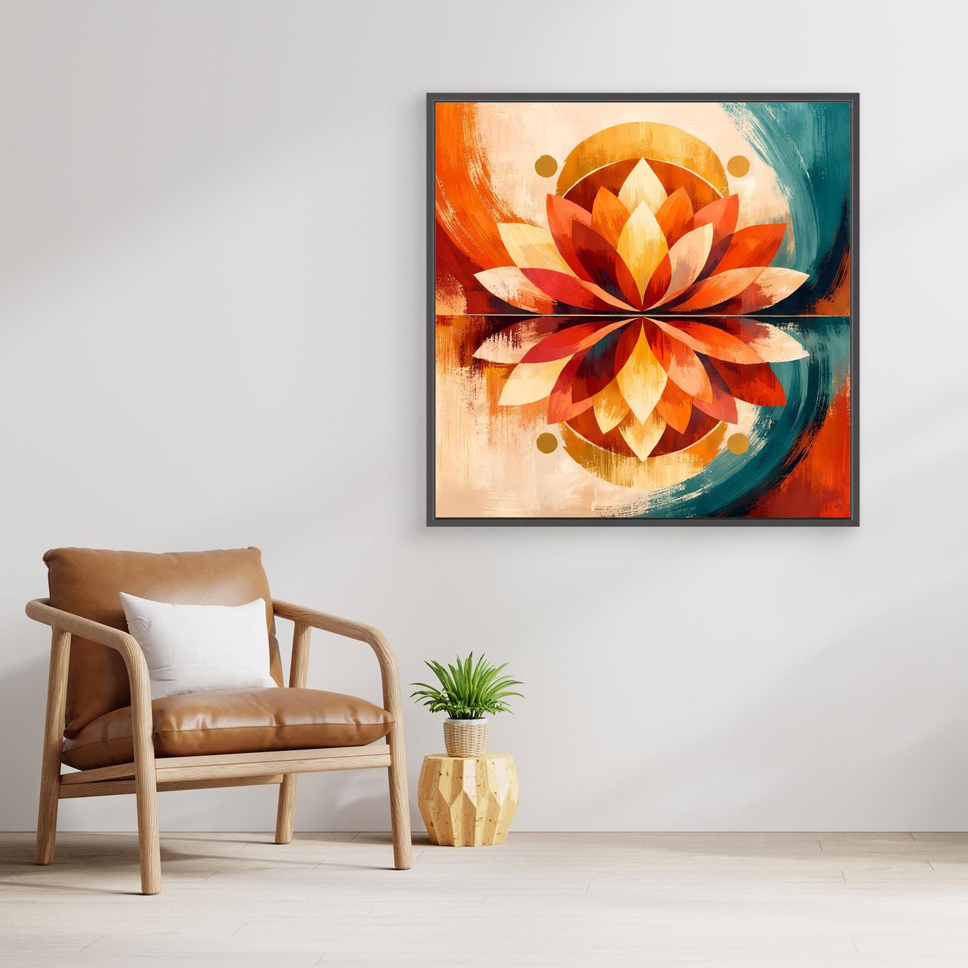 Gerahmtes Leinwandbild mit symmetrischer Lotusform, Orange-Töne und Türkis-Verlauf