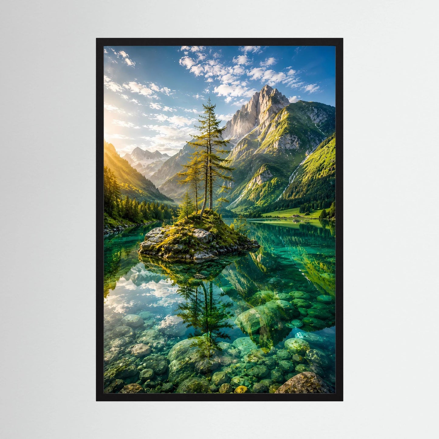 Hochformatiges Poster mit schwarzem Rahmen: Bauminsel im türkisgrünen Bergsee, Berge.