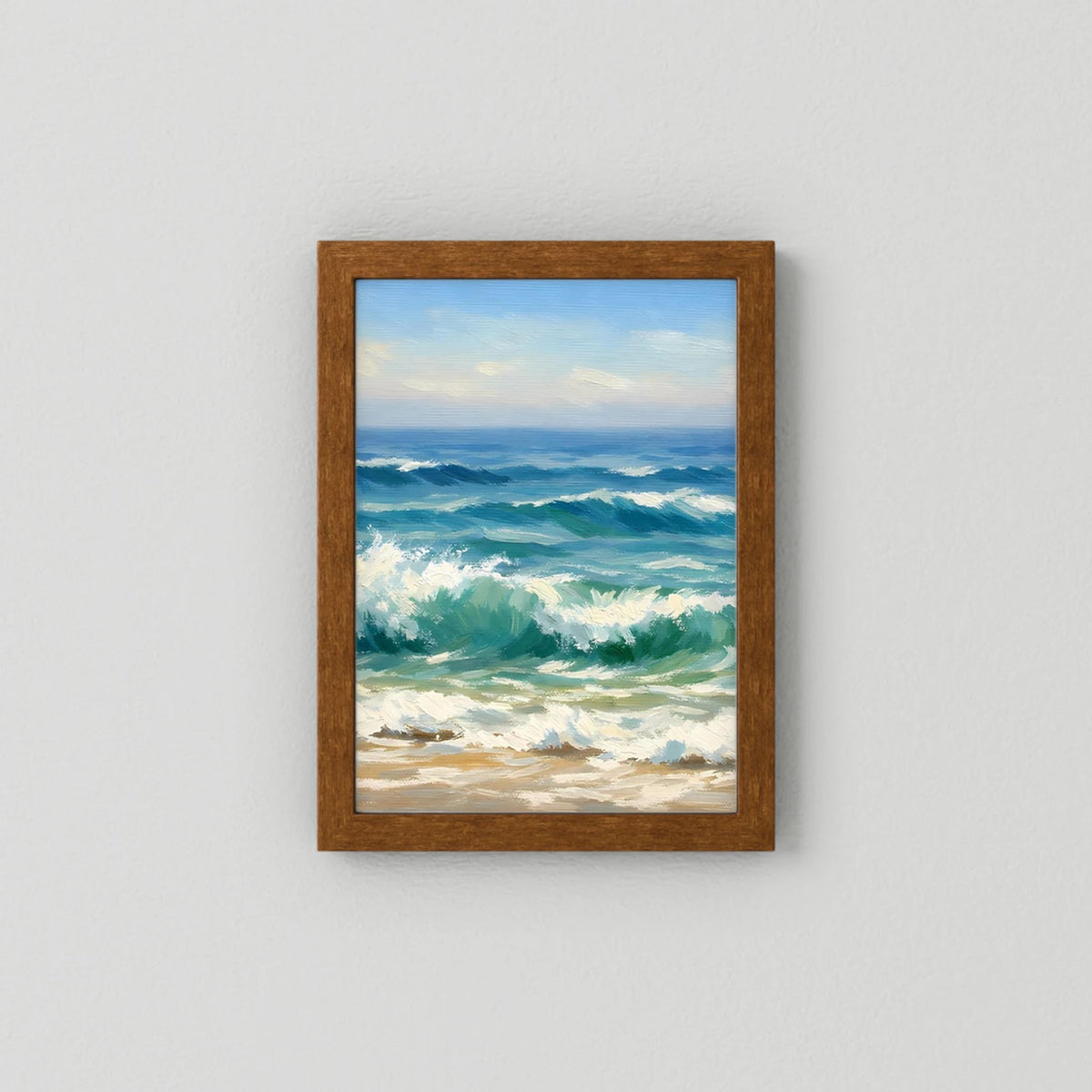 Wandbild-Poster mit Meereswellen im Hochformat, dunkel geholzter Rahmen