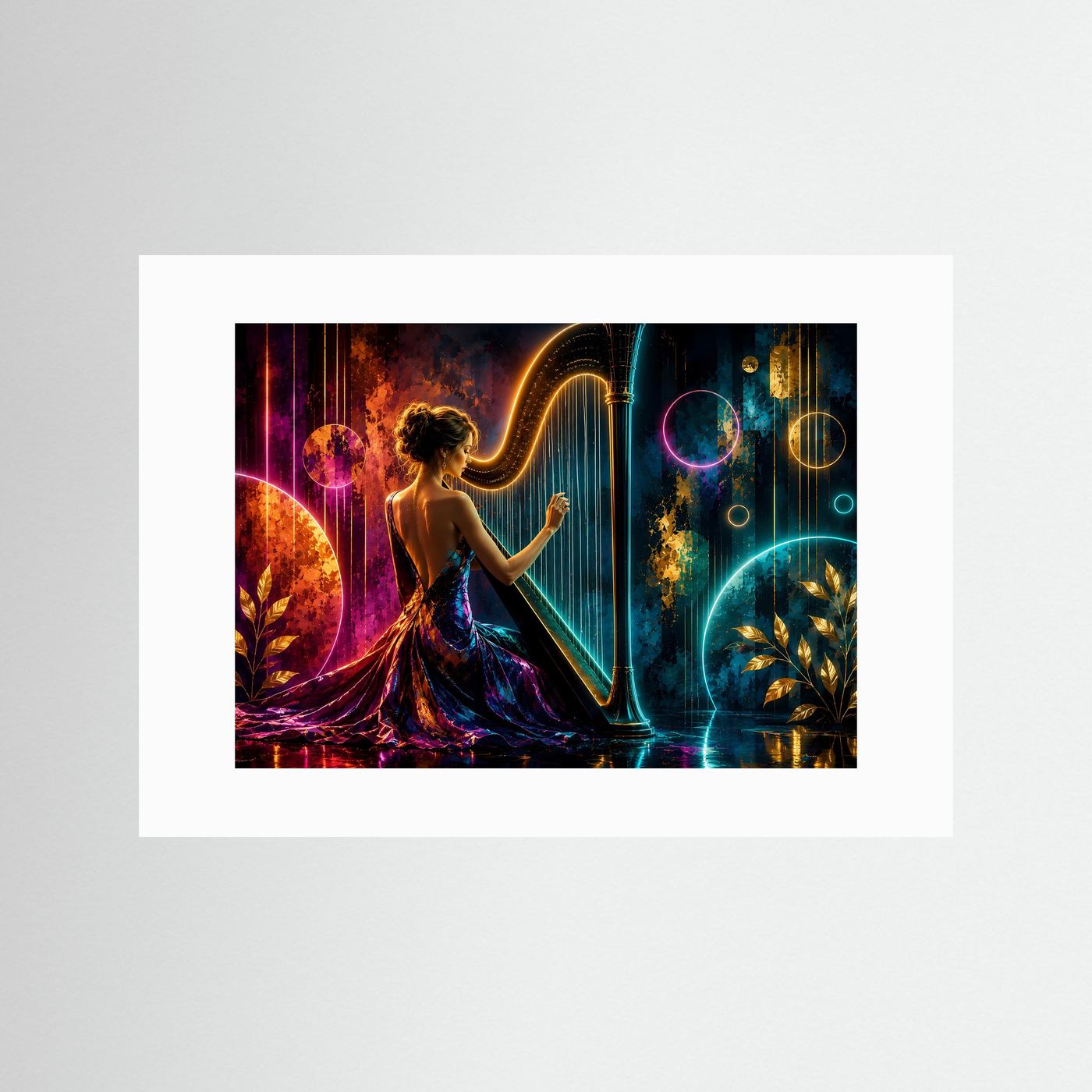 Magische Harfenklänge in Neon & Gold | Modernes Musik & Fantasy Poster Querformat