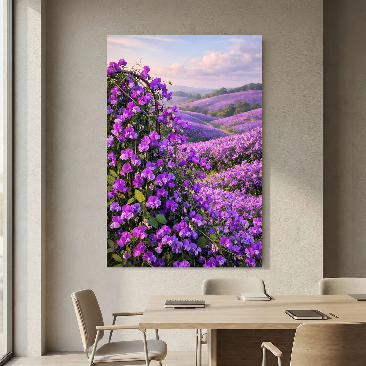 Wandposter im Hochformat mit lila Blüten und weiten Hügelkämmen in Pastellfarben
