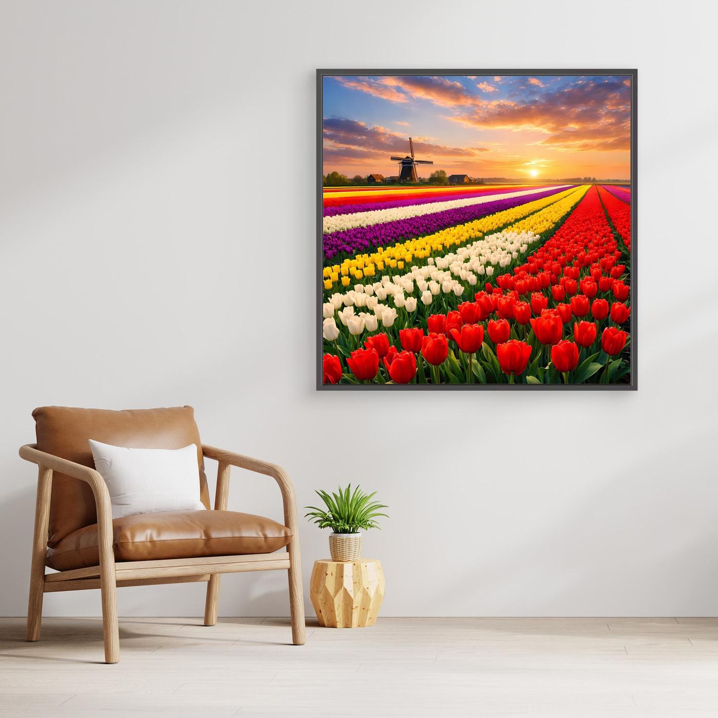 Leinwandbild Tulpenfeld mit Sonnenuntergang, dunkler Rahmen, rote und weiße Tulpenreihen